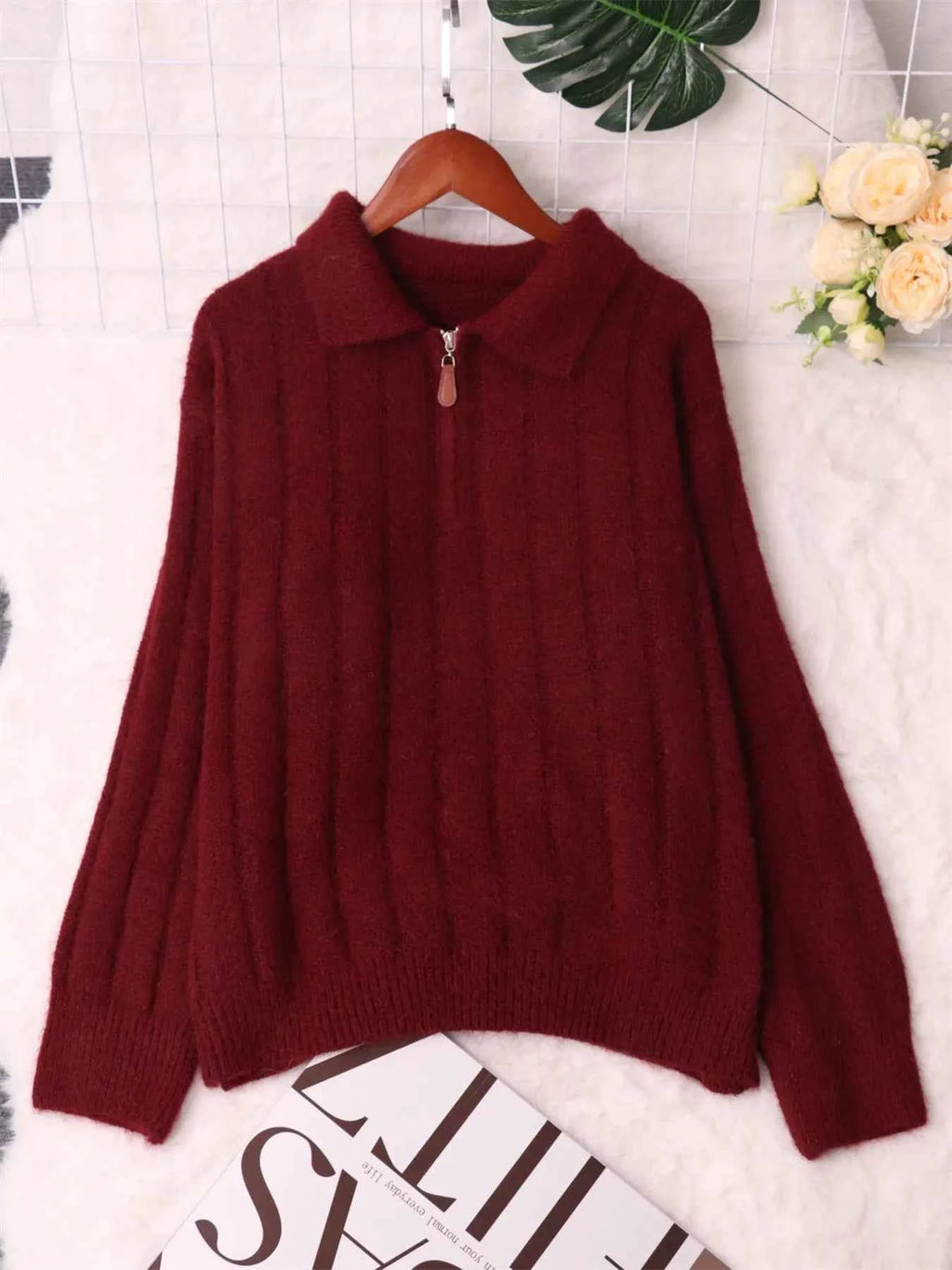 Ribbed Hem Quarter Zip Sweater 10fece2483b24b74ab559fd253e437fa-Max-Origin