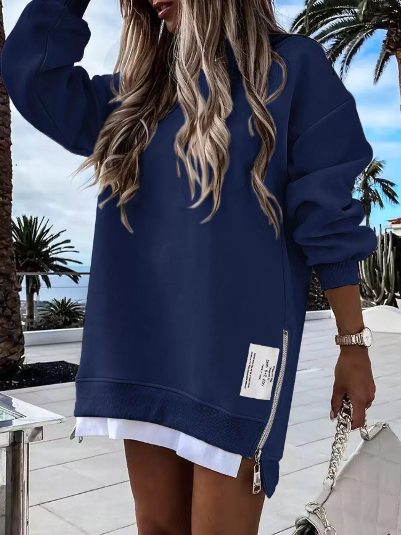 Side Slit Round Neck Long Sleeve Sweatshirt Navy Blue 110a04c3-6662-4383-a040-6d3947a15d48-Max-Origin