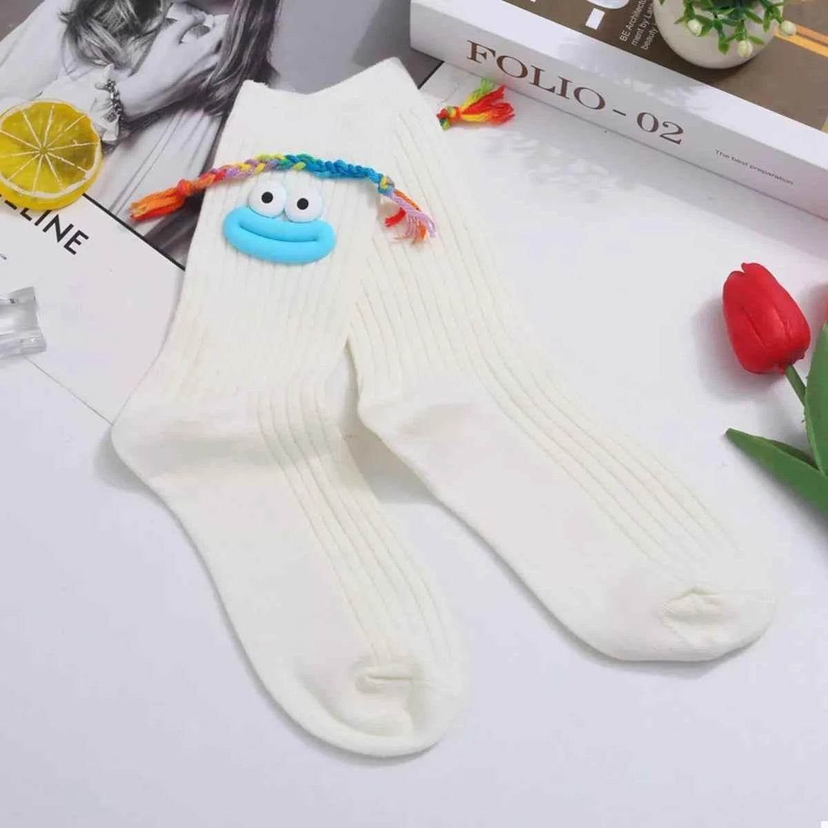 Cartoon Ribbed Knit Crew Socks White D One Size 110b8e08-3805-4d64-82bd-ba8d26549cc1-Max-Origin