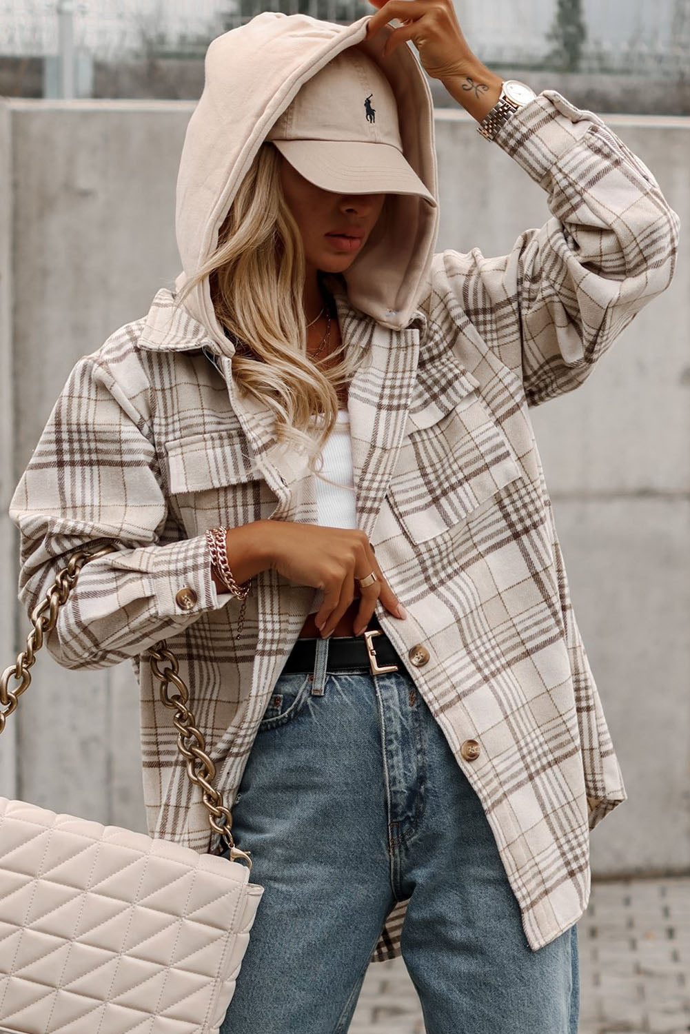 Khaki Plaid Removable Hooded Button Up Jacket 1114c10b0c95dfaf