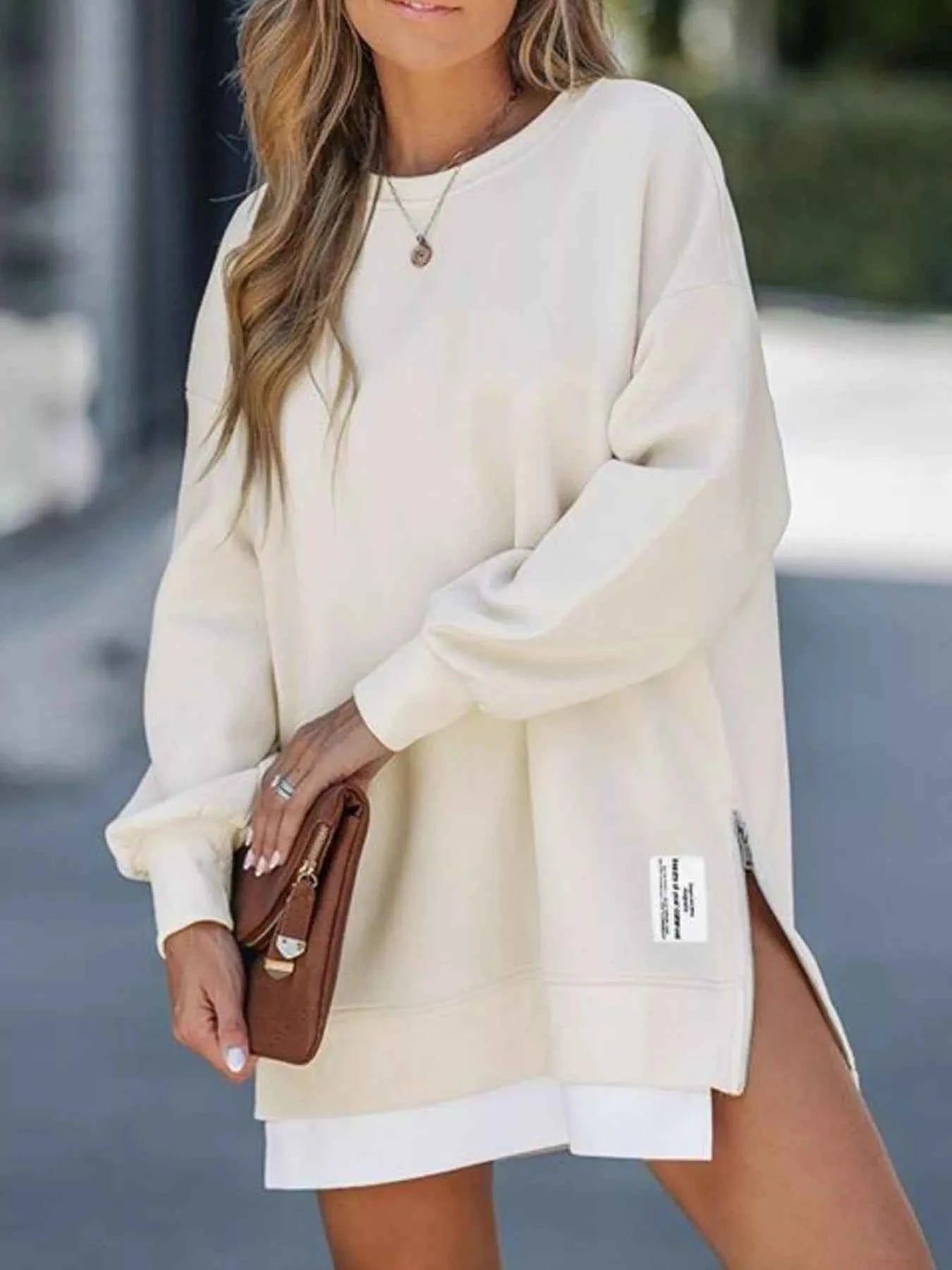 Side Slit Round Neck Long Sleeve Sweatshirt 1128f337-0f40-4b10-8921-5781631d1f99-Max-Origin