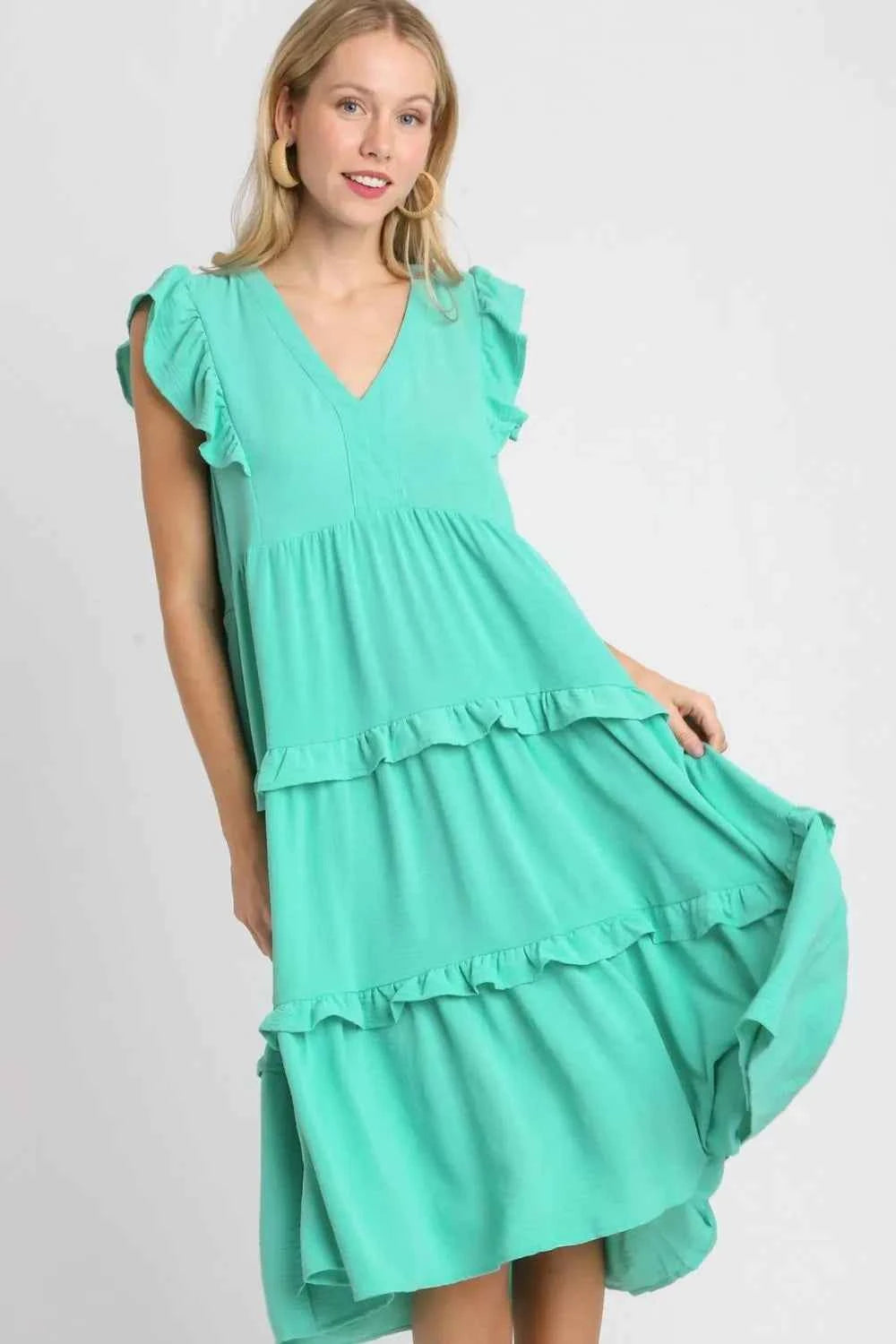 Umgee Full Size Ruffle Tiered Cap Sleeve Midi Dress Plus Size EMERALD 11537e11-dd47-4ee6-9fcd-02a7420eda7a-Max