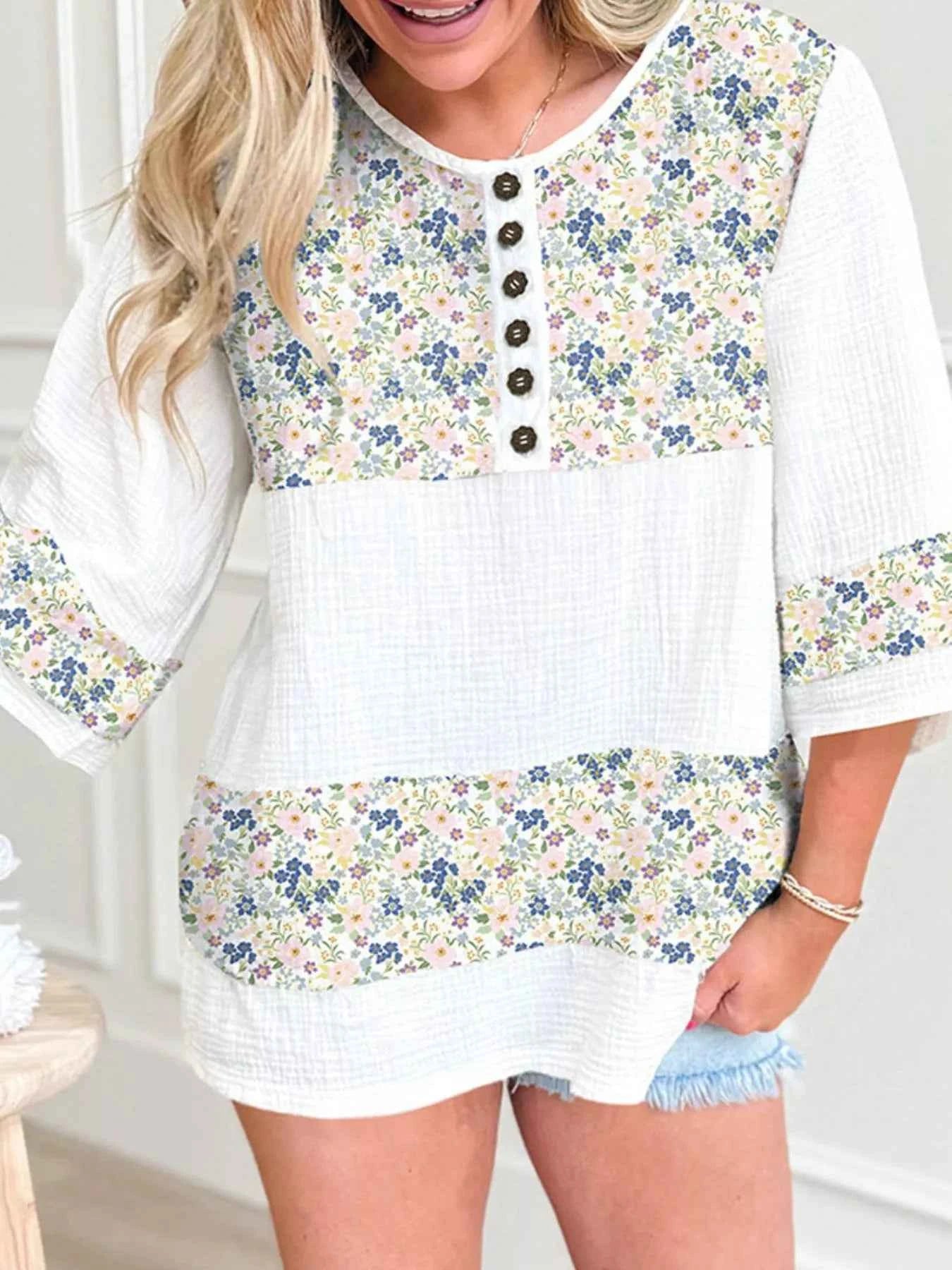 Floral Print Henley Button 3/4 Sleeve Blouse Dusty Blue 117fe575-1f1a-4b86-a0c5-36a881ac237a-Max-Origin