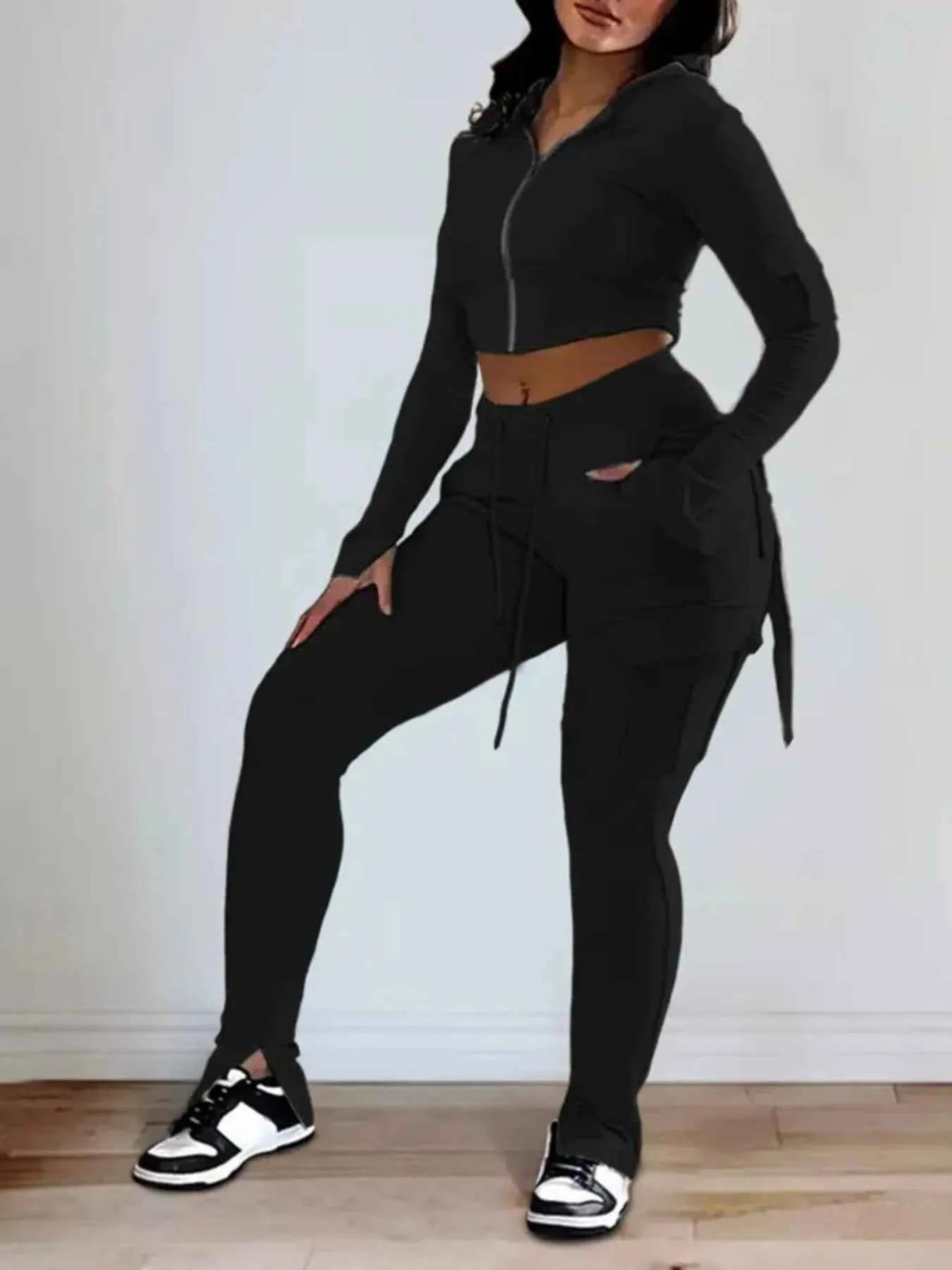 Full Size Zip Up Long Sleeve Hooded Top and Cargo Pants Set Plus Size Black 11888b3fd3f64c3ba2577625f592c343-Max-Origin