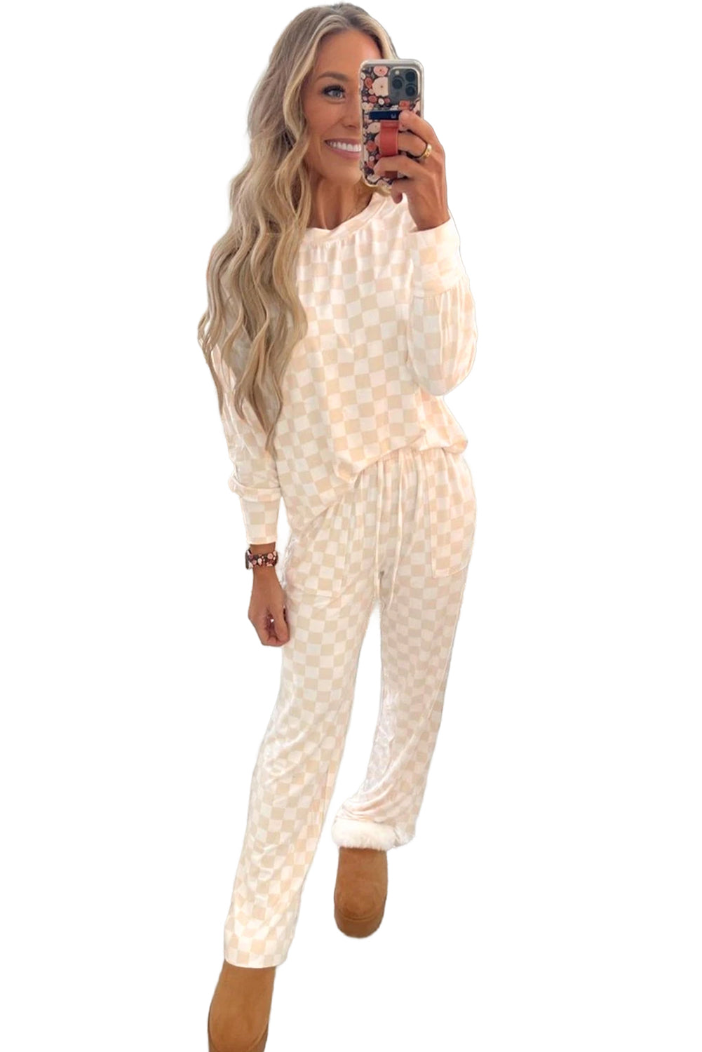 Beige Checkered Print Long Sleeve Loose Fit Pajama Set 118e2d97e130f0e6