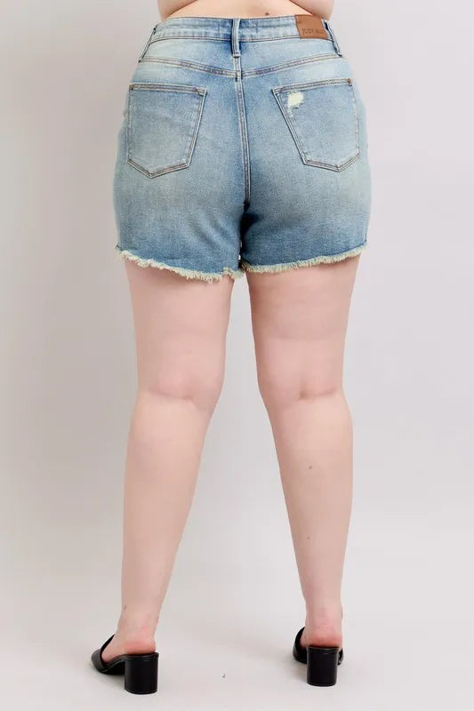 Judy Blue Full Size High Rise Washed Fly Stitch Detail and Destroy Denim Shorts Plus Size 119ad04e-55d8-489c-81f3-a1e409106fb5-Max-Origin