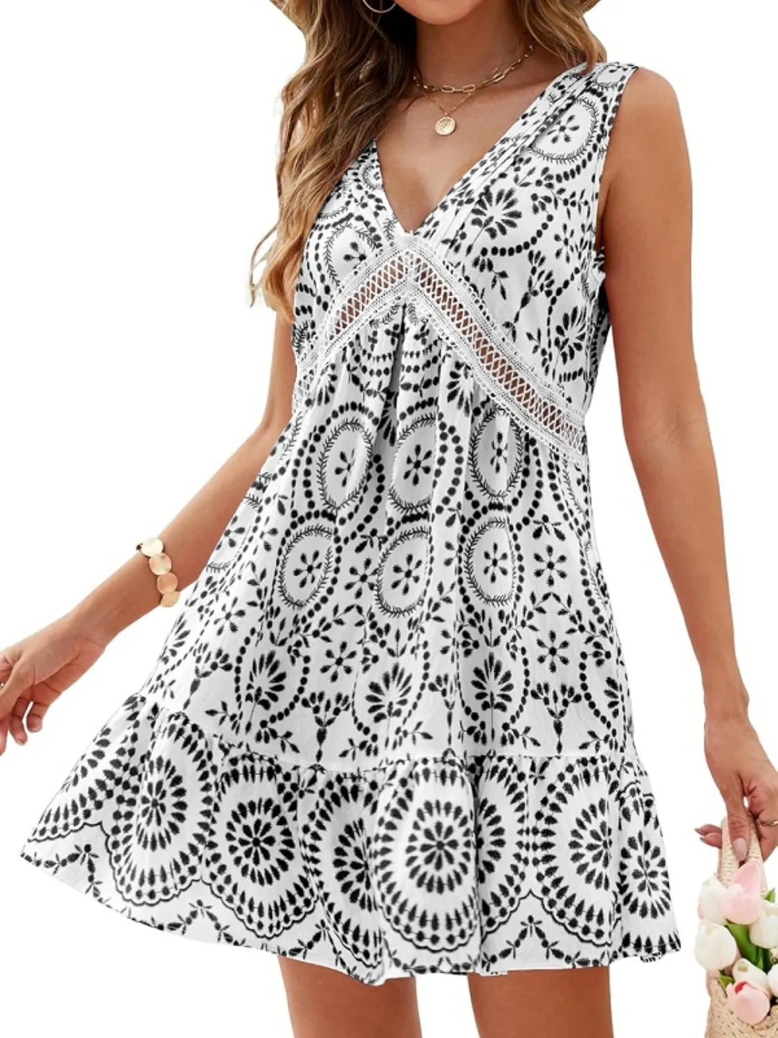 Printed V-Neck Sleeveless Mini Dress Black 11a04903-a12c-4563-ac4a-47b8b735e478-Max-Origin