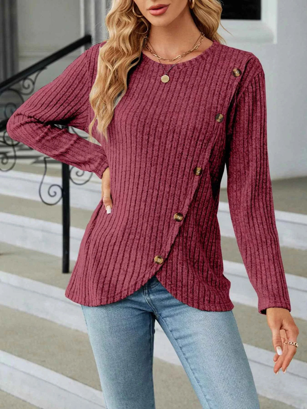Ribbed Knit Decor Button T-Shirt 11a2a394-c0f6-48a6-a418-0e1aa056e216-Max-Origin
