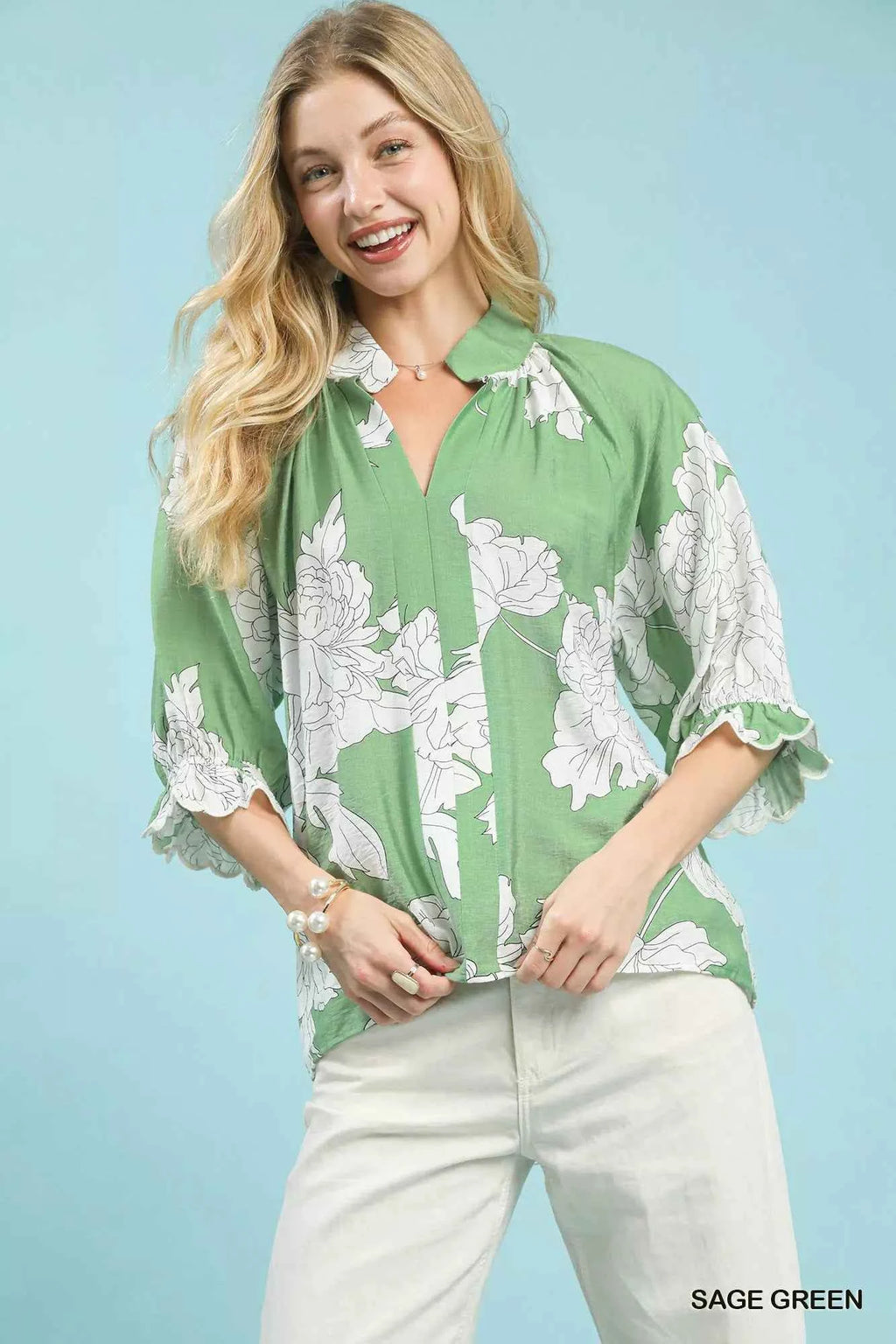 Umgee Peony Illustration Print Flounce Sleeve Blouse SAGE GREEN 11a540f0-fa03-4662-b461-b4ac180c9476-Max-Origin