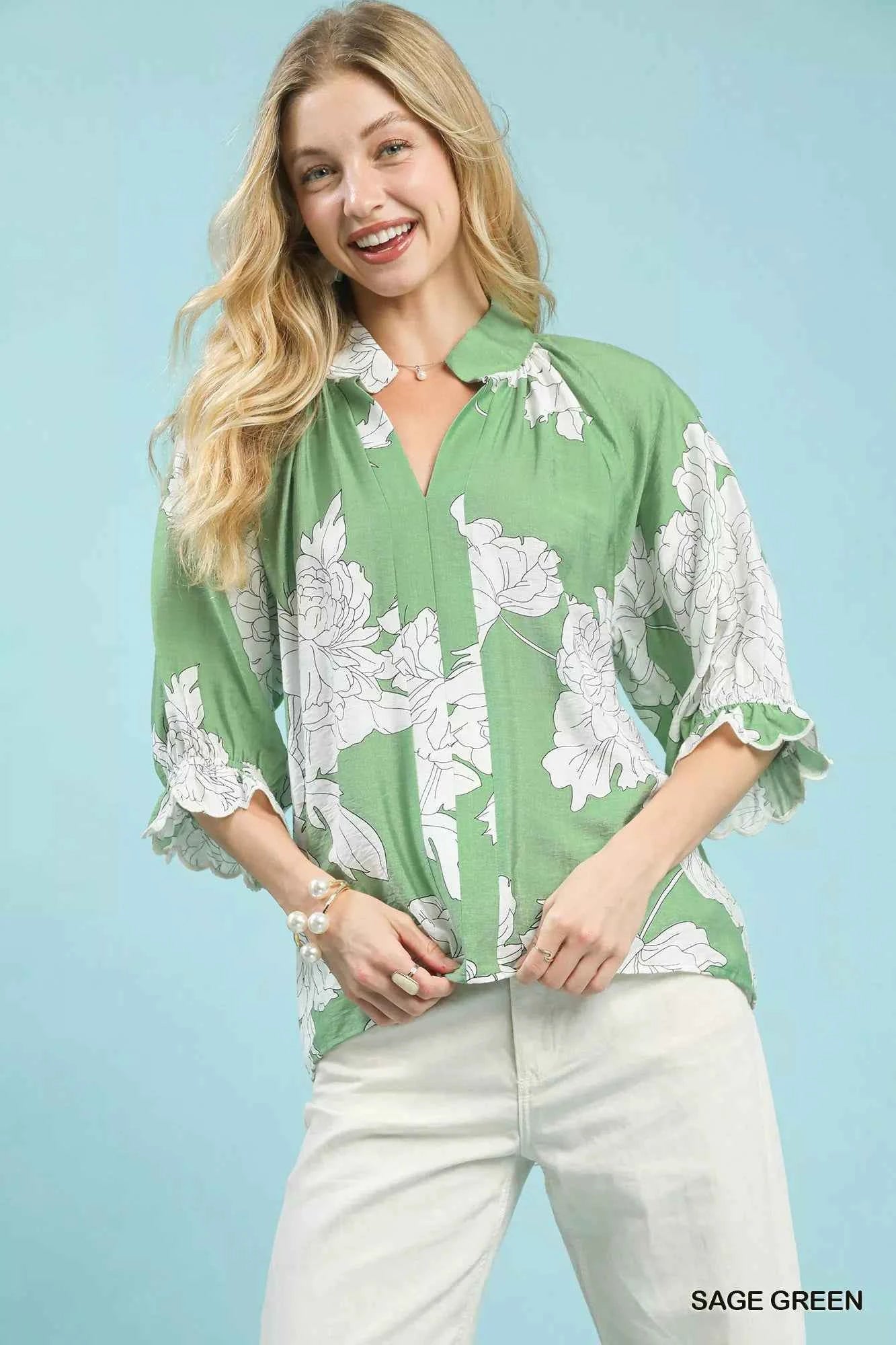 Umgee Peony Illustration Print Flounce Sleeve Blouse SAGE GREEN 11a540f0-fa03-4662-b461-b4ac180c9476-Max-Origin
