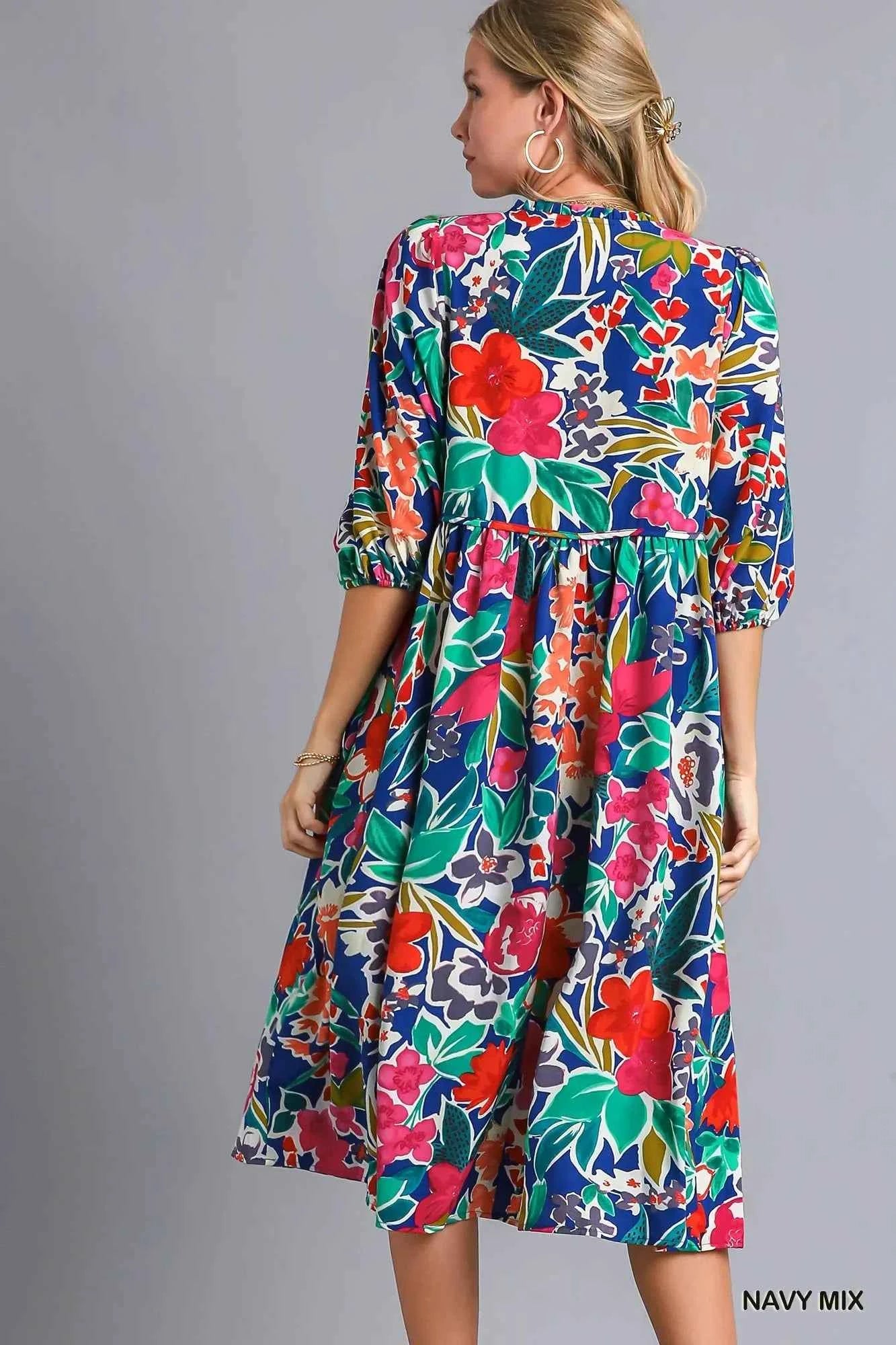 Umgee Floral Print Tie Neck Midi Dress with Pockets 11ad4fc8-4cb3-4cfb-8f57-288996e5b351-Max-Origin