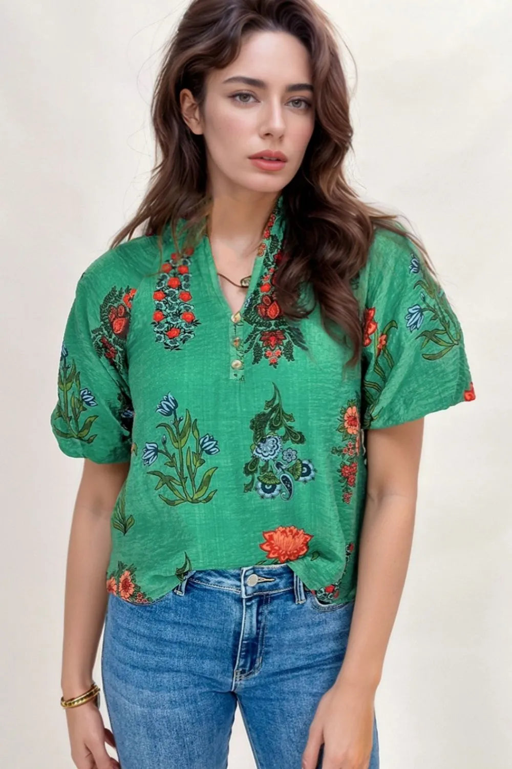 Floral Print Notched Short Sleeve Blouse Dark Green 11cf5398-f7a0-4258-a8cc-a7da38a25a8e-Max-Origin
