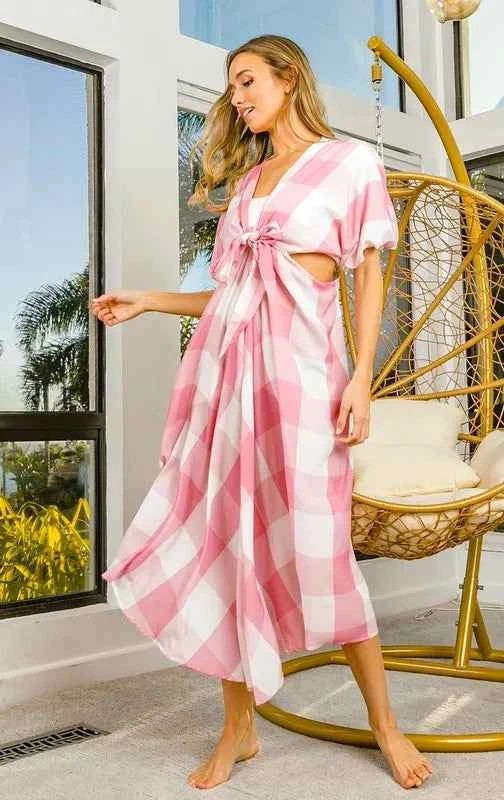 BiBi Front Tied Puff Sleeve Checkered Dress with Cut Out Detail 11d75f27-c0aa-4e0b-9d1a-e4f9930d77c0-Max-Origin