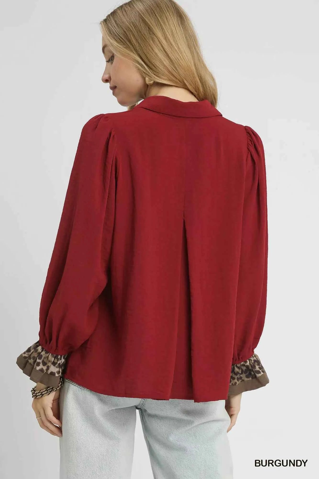 Umgee Half Button Blouse with Leopard Print Trim 11e4d347-727c-4d74-80cd-abac55f19608-Max-Origin