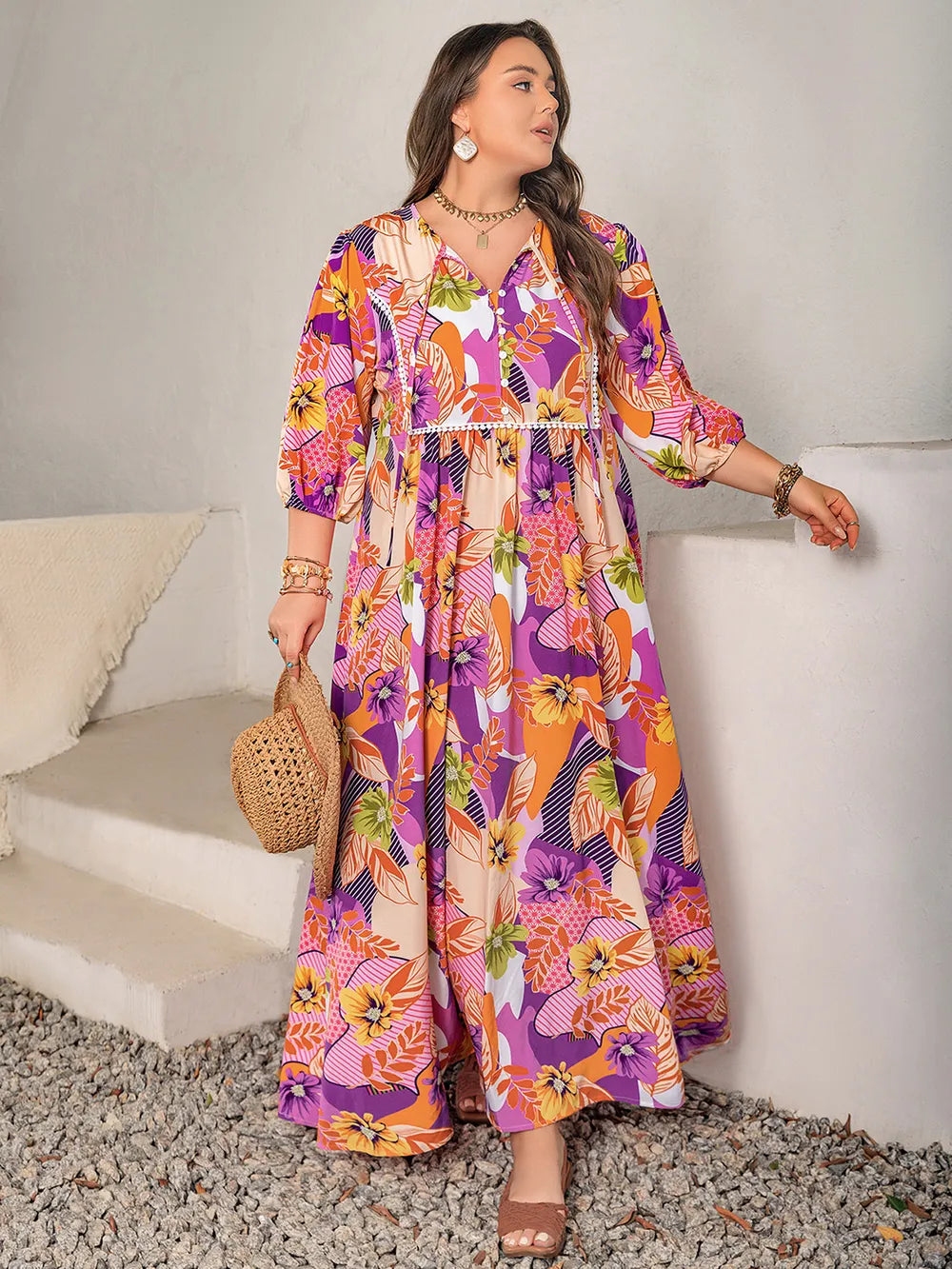 Plus Size Printed Tie Neck Maxi Dress Multicolor 11fed722-4cb3-462d-a810-e562872d96fb-Max