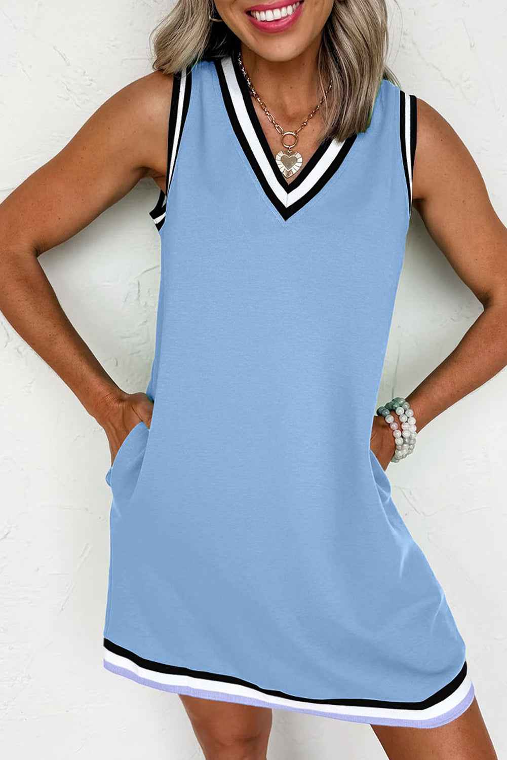 Mint Green Contrast Trim V Neck Sleeveless Mini Dress Myosotis 121054befbf4468d