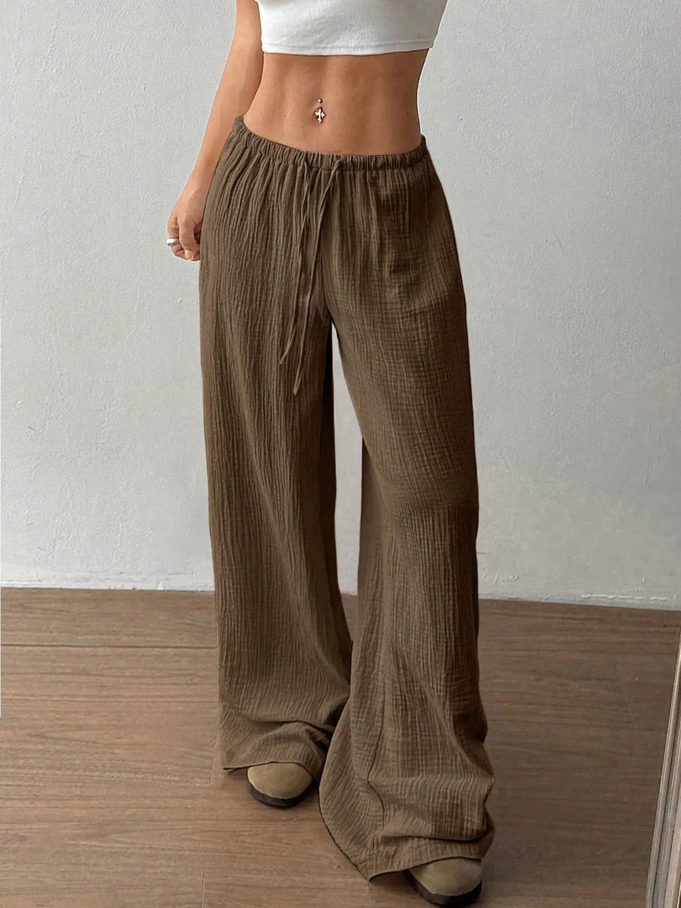 Drawstring Wide-Leg Casual Pants Khaki Color 1216a72e8d3f4d618bd74fe3f93054cf-Max-Origin