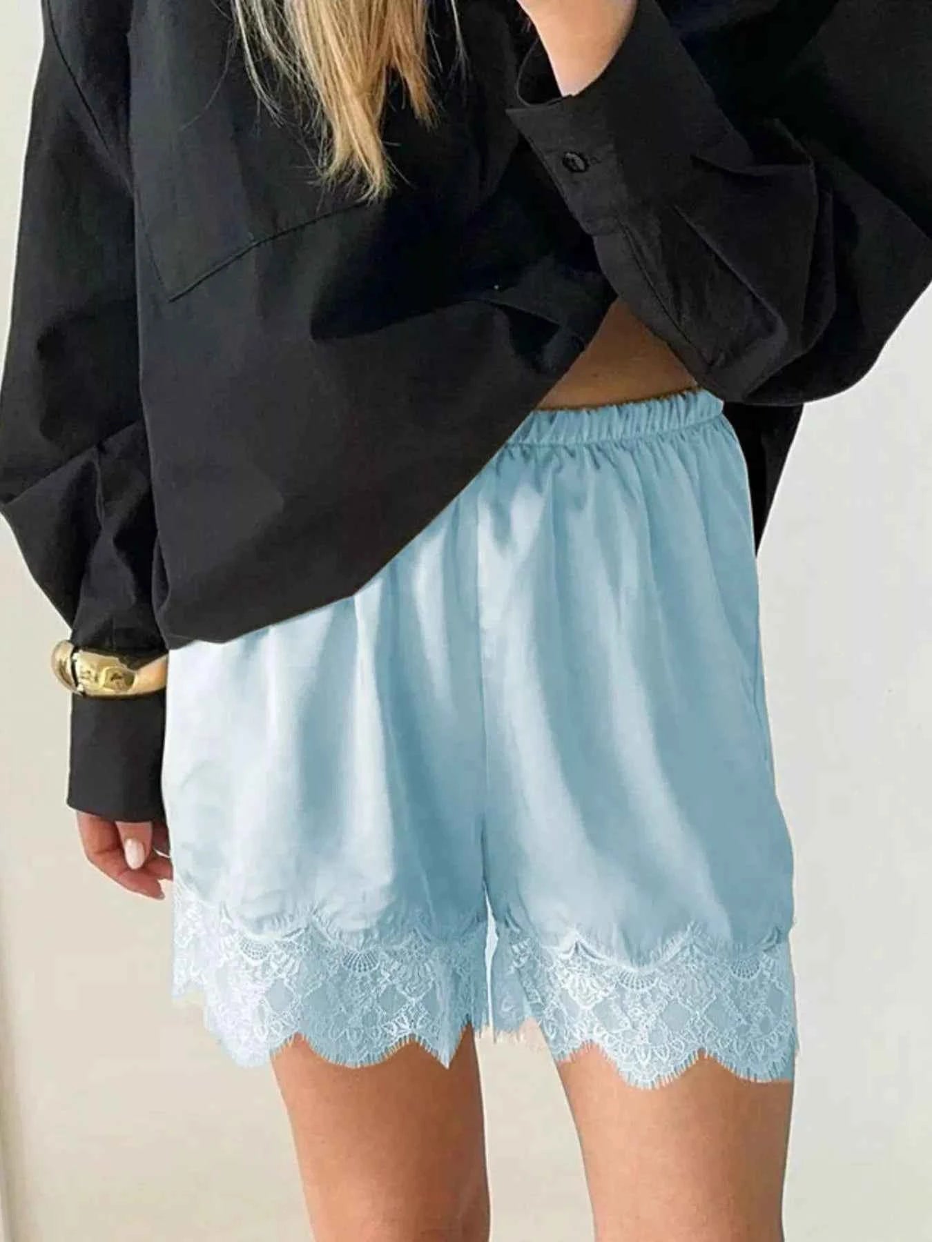 Lace Trim Elastic Waist Shorts Sky Blue 121d8215-52b0-499b-bfda-a91e7b7faff1-Max-Origin