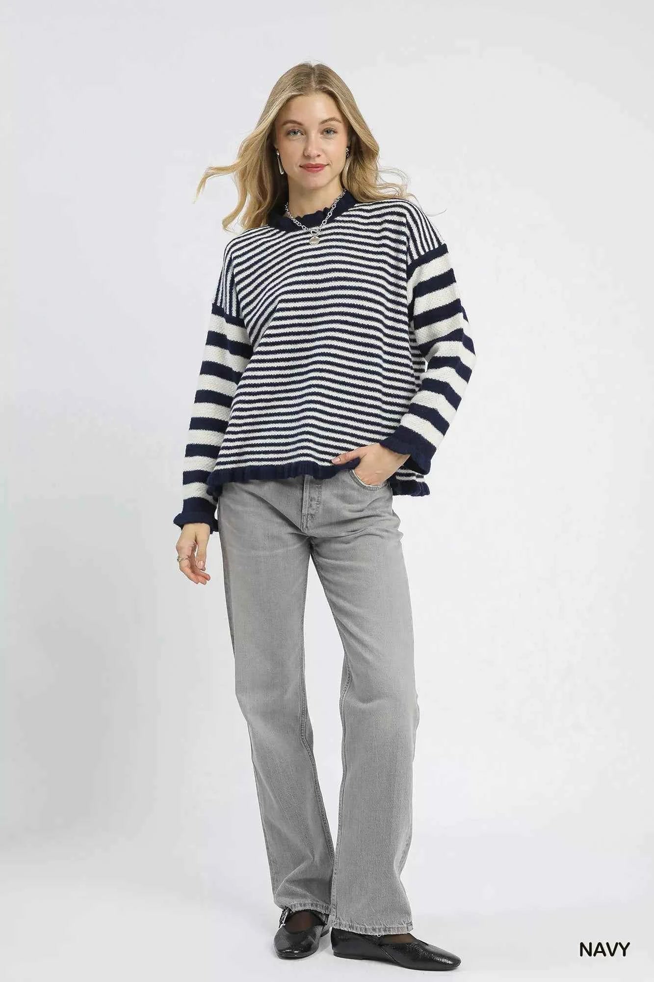 Umgee Ruffle Neck Stripe Sweater 121e1320-b517-4bd1-8023-efbef09d3f24-Max-Origin