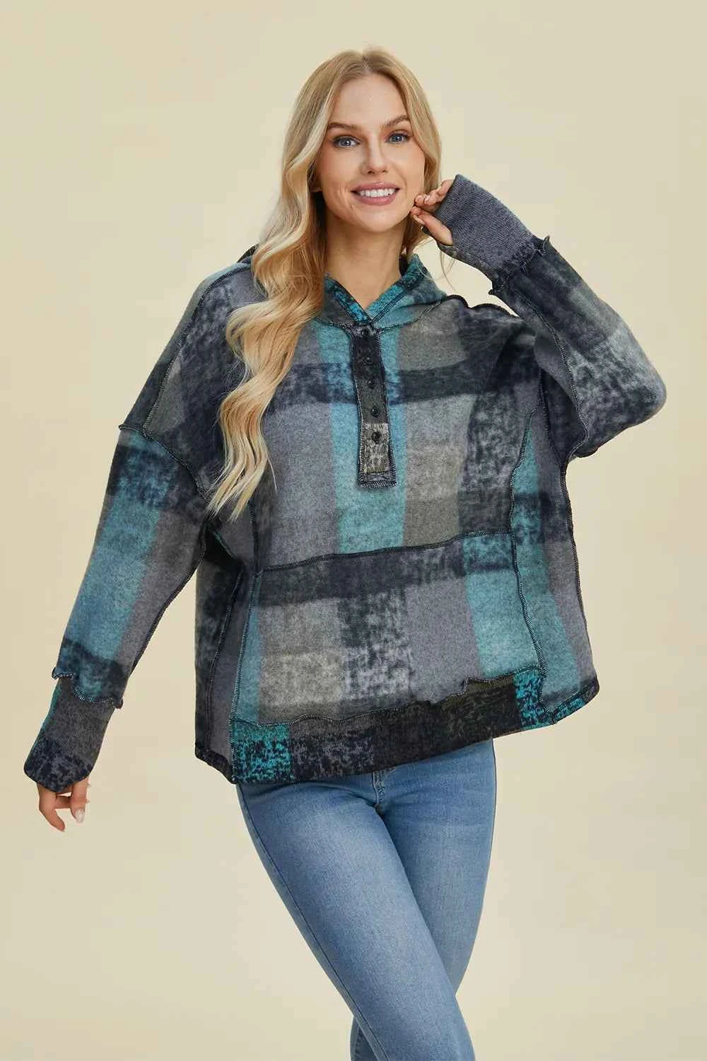 Double Take Full Size Plaid Dropped Shoulder Fleece Hoodie Dark Gray 122870be-9b36-403f-a644-41569dd1cef3-Max