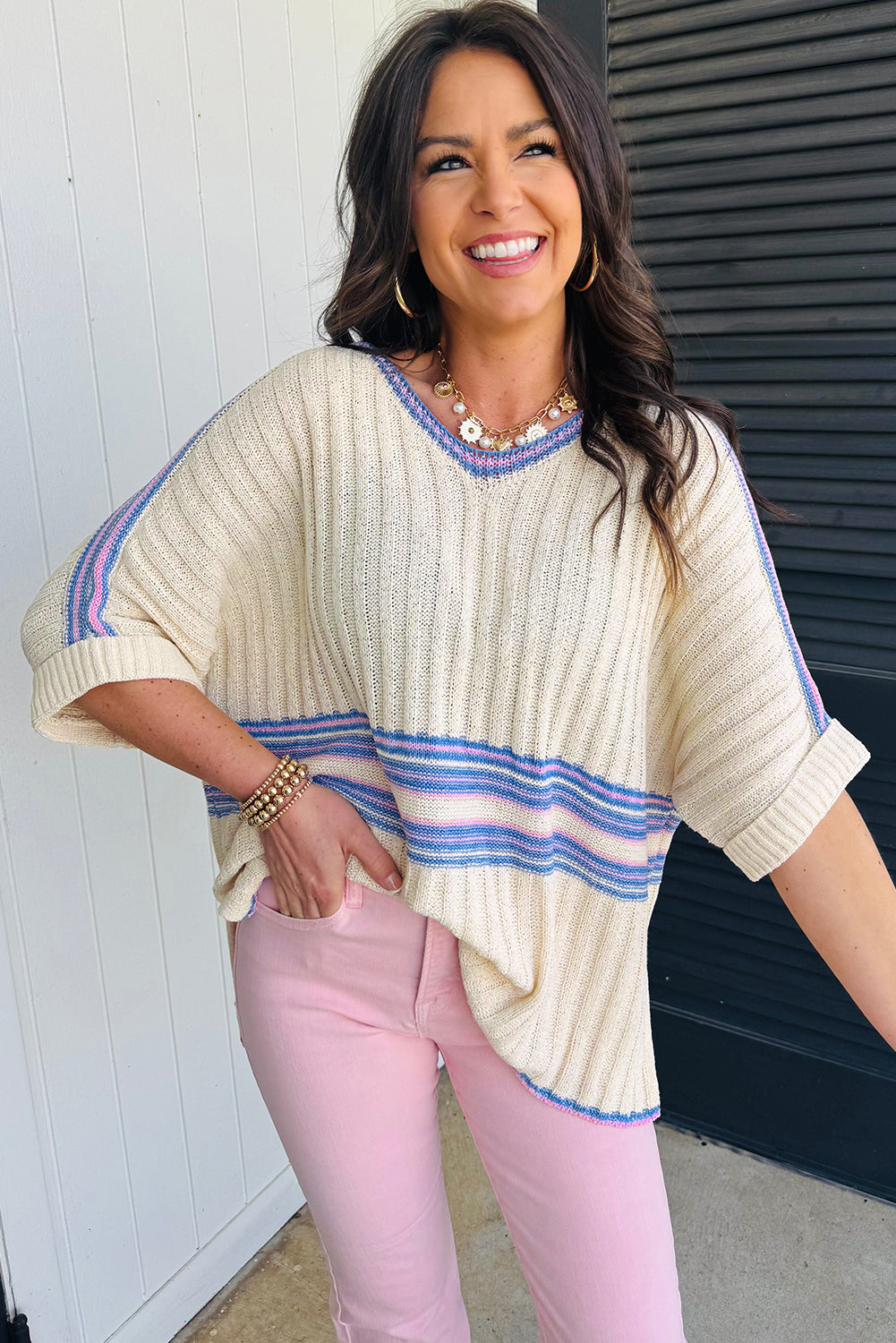 White Striped V Neck Dolman Sleeve Knit Sweater 122c5d6c068b6a62