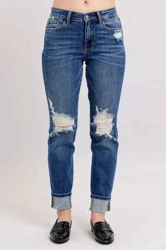 Judy Blue Full Size Mid Rise Boyfriend destroy Jeans with Yoke Pockets and Faux Selvedge Cuff Plus Size 1238de2e7fd74fd88541db9164bda7fe-Max-Origin