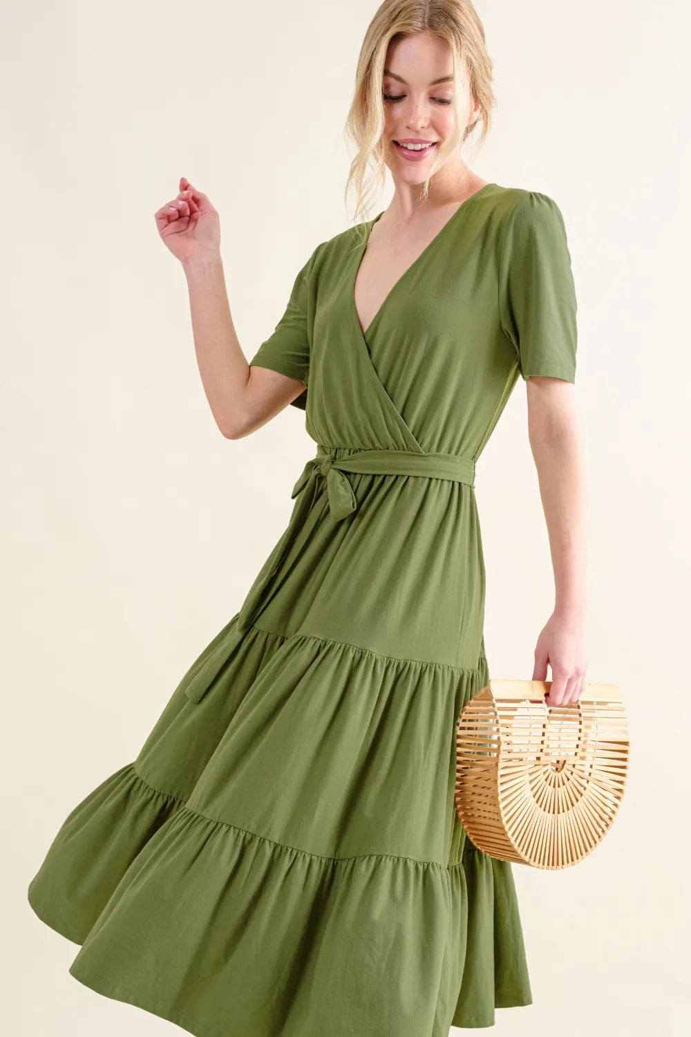 And The Why Soft Short Sleeve Tiered Midi Dress GREEN 12543aeb-cf96-429b-a61e-c588322749d0-Max
