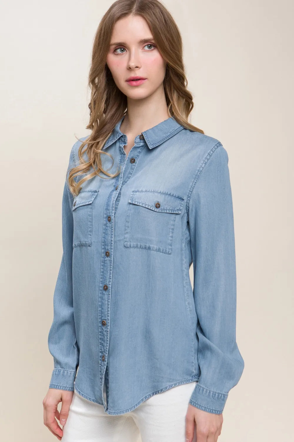 Love Tree Scooped Hem Button Up Denim Shirt 12612920-39f8-46a8-b875-f356920230e6-Max