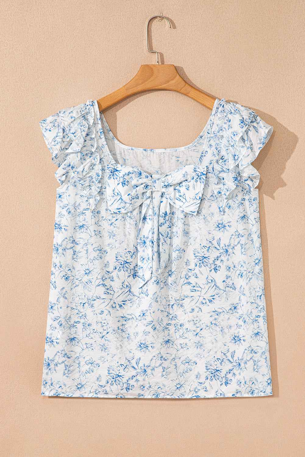 Sky Blue Floral Ruffle Short Sleeve Bow Back Blouse 12643de7bbe63860