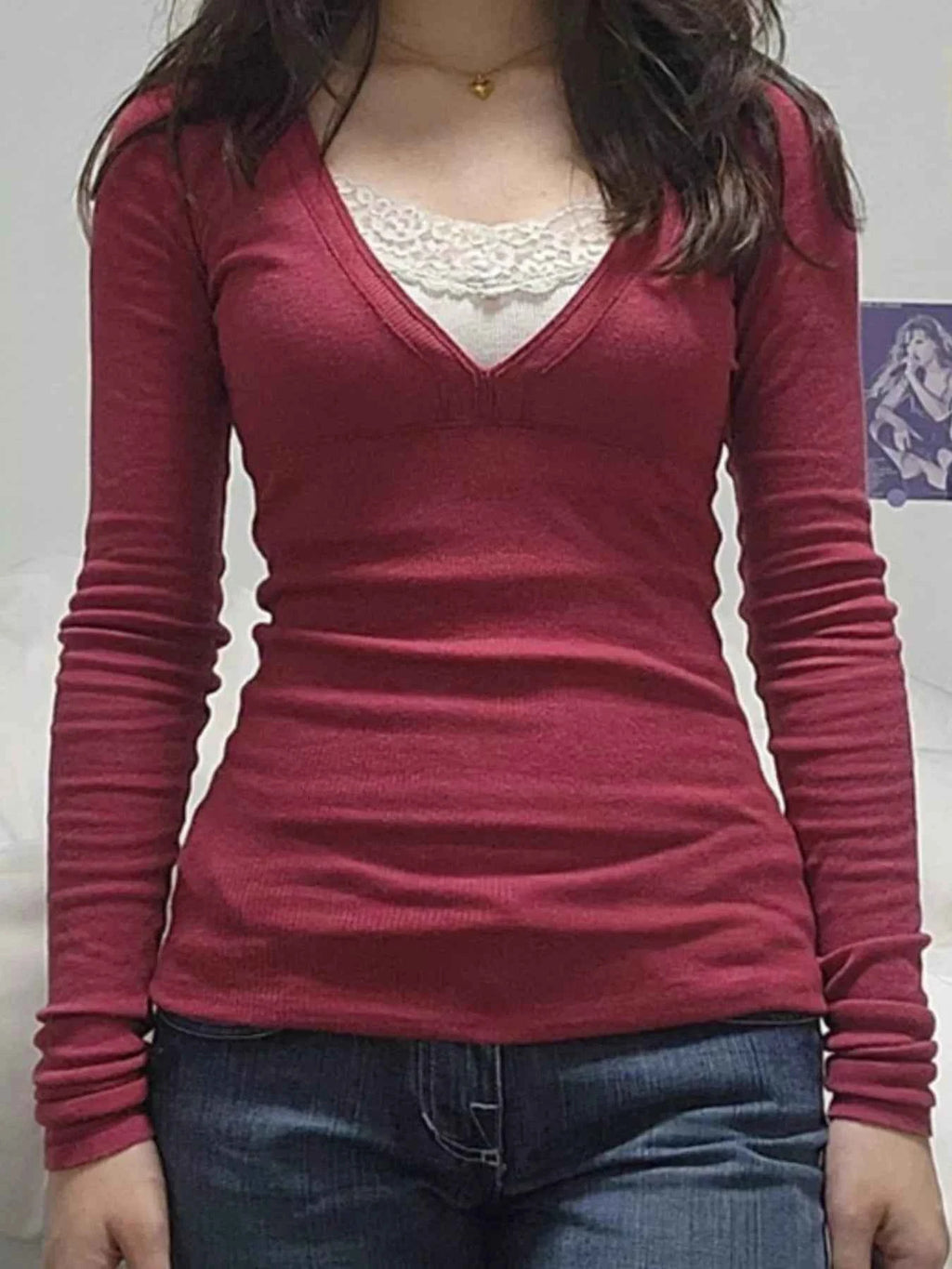 Lace Detail Long Sleeve T-Shirt Red 127b712891474b6b929ff0722fd59abf-Max-Origin
