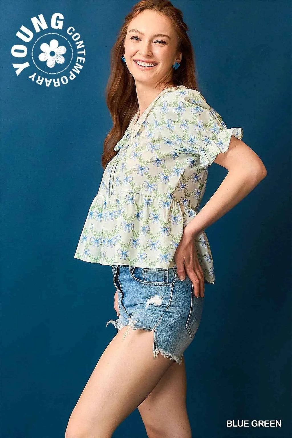 Umgee Lace Detail Bow Print Flounce Sleeve Blouse 1282f7da-605e-4e61-8a16-f719624296e2-Max-Origin