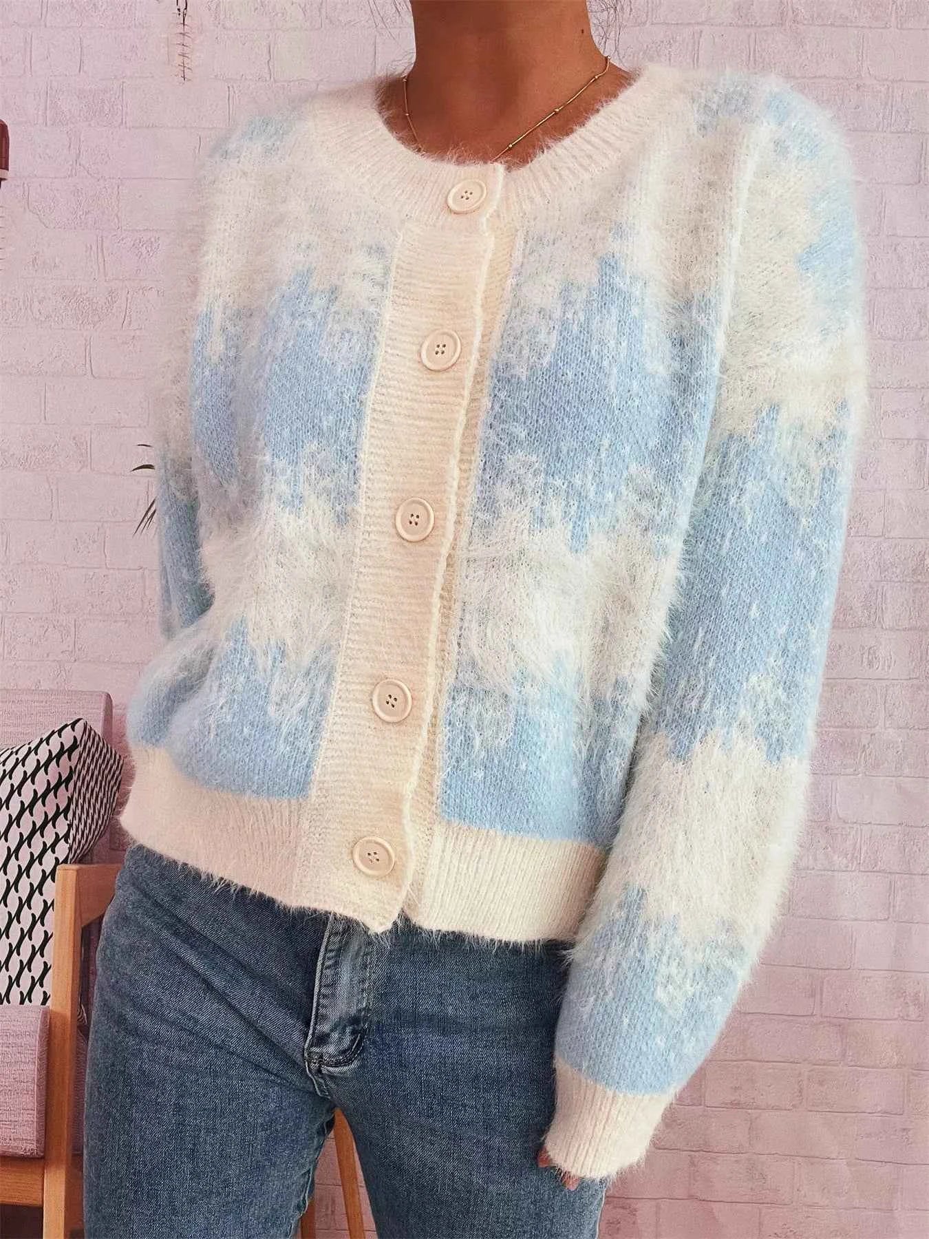 Ribbed Hem Button Up Cardigan Blue One Size 1288b99345bb4582b38def2f26062801-Max-Origin