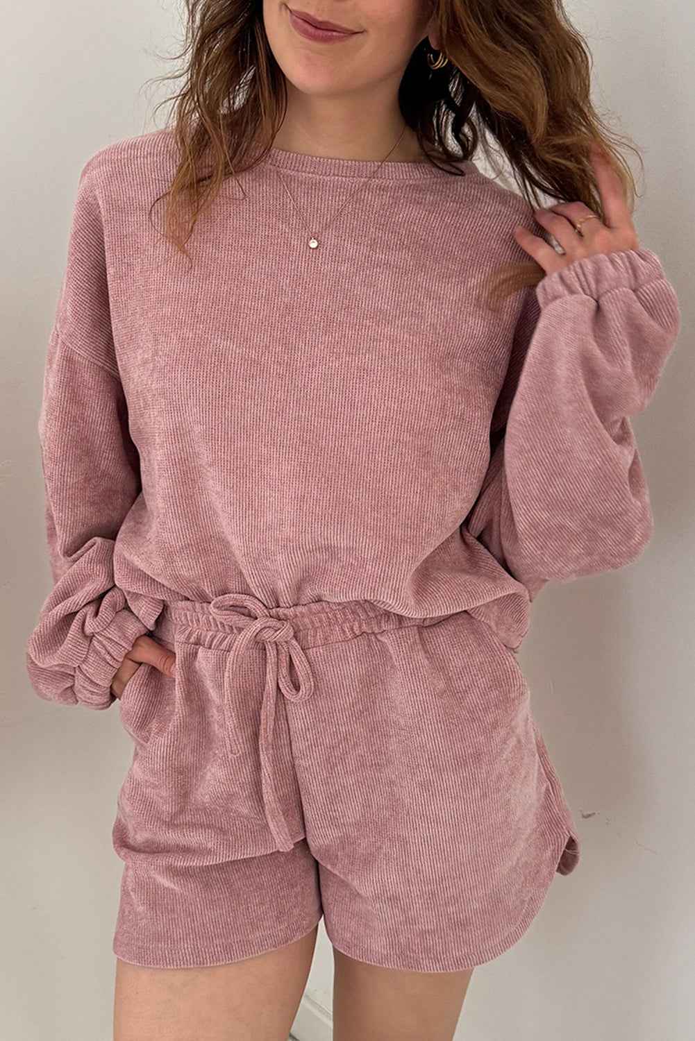 Fushia Textured Knit Drop Shoulder Pullover Drawstring Shorts Set Fushia 97%Polyester+3%Elastane 129428c2dceb8f3e