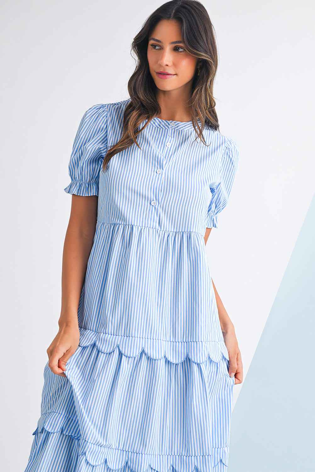 Sky Blue Stripe Bubble Sleeve Scallop Tiered Dress 12c43d14d56ba821