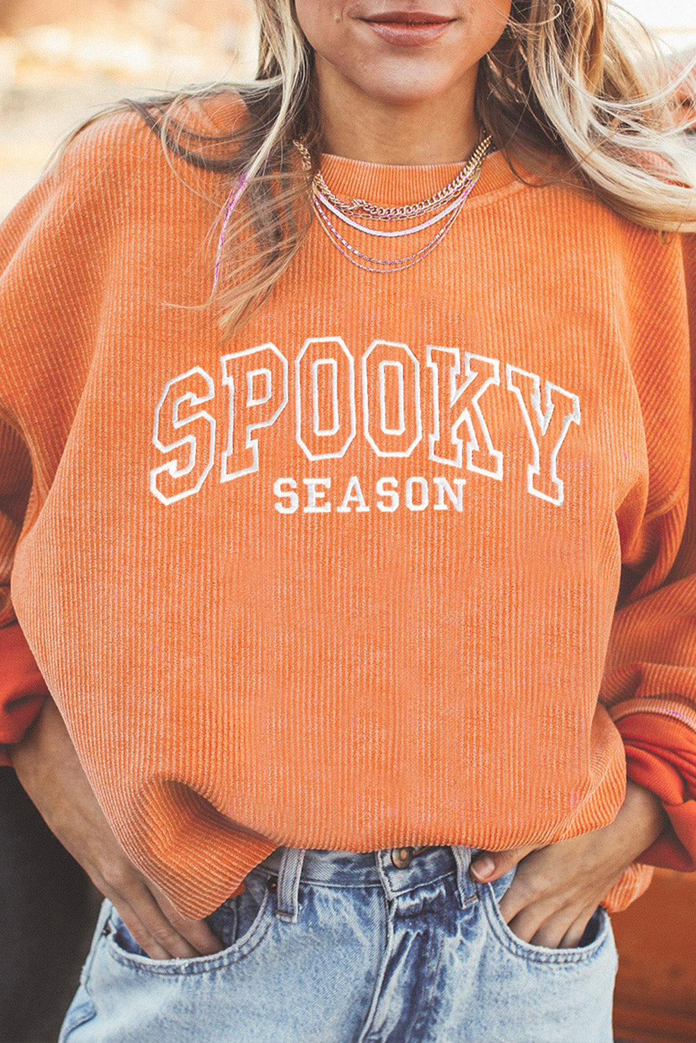 Orange SPOOKY SEASON Embroidered Letter Graphic Twisted Ribbed Sweatshirt 12cdfbb33797ec75