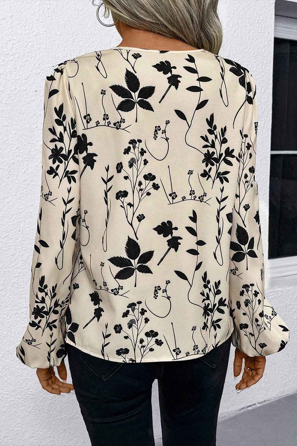Khaki Botanical Floral Print Split Neck Long Sleeve Blouse 12d17f441d9fe472