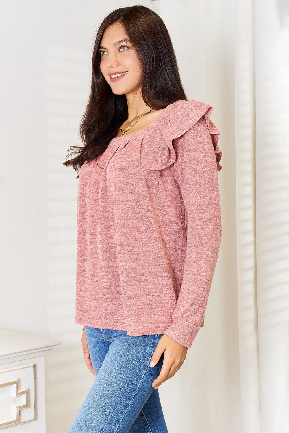 Double Take Square Neck Ruffle Shoulder Long Sleeve T-Shirt 12e9e9158e684246bcb573e20bd4b11e-Max