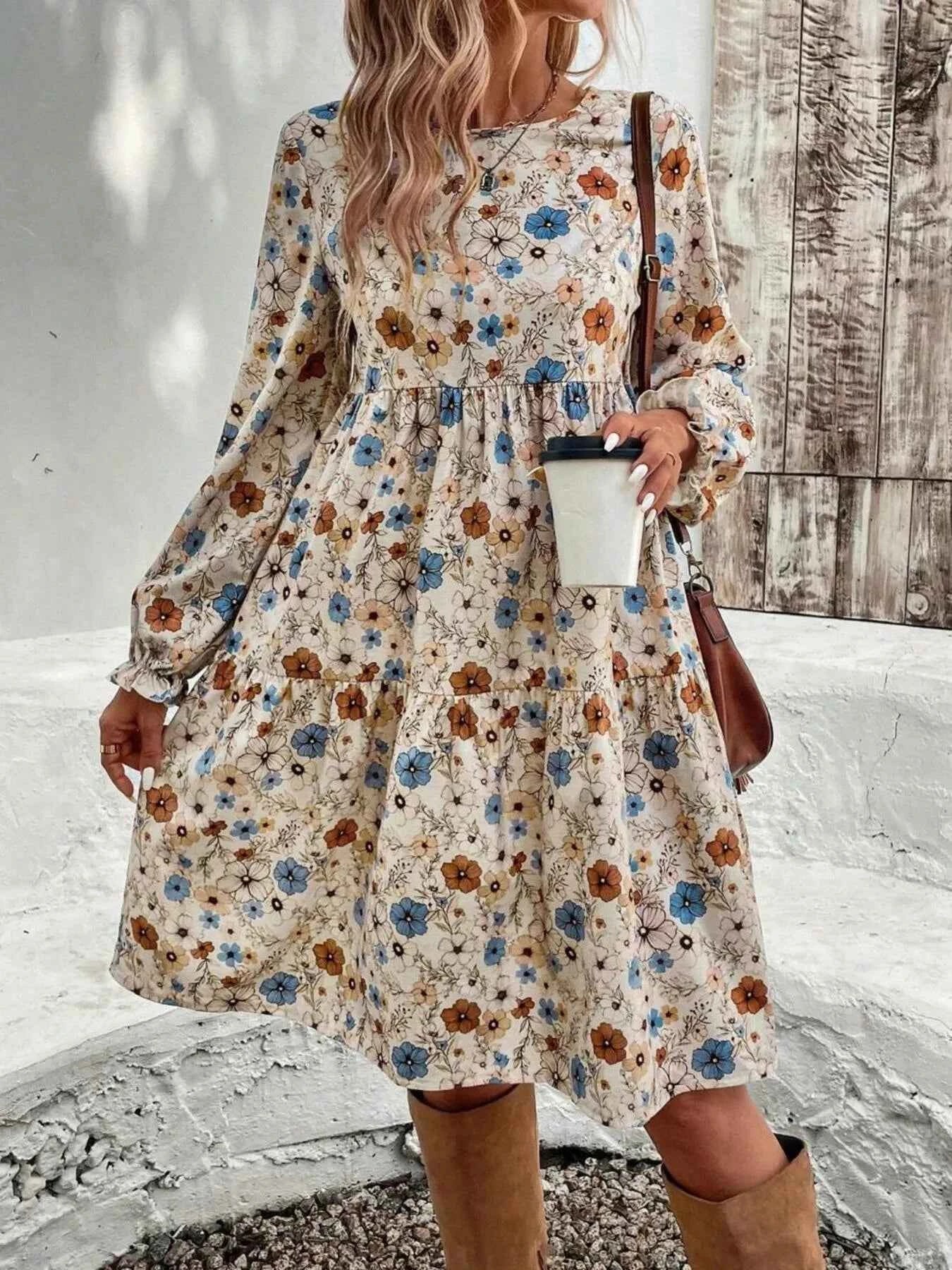 Floral Print Long Sleeve Tiered Dress Apricot 12f3f8e1938d48a681534e4df6c4dbd7-Max-Origin