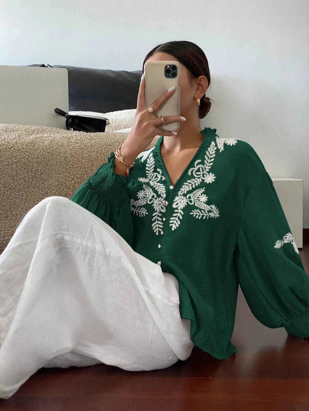 Embroidered Lantern Sleeve Blouse 12f409020eff41759cfd122a469c978a-Max-Origin