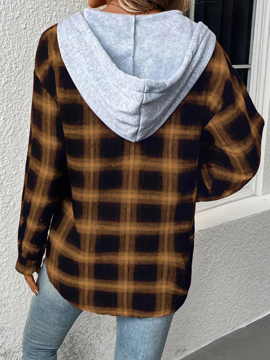 Plaid Drawstring Button Up Hooded Jacket 12fcf926e1674e619d57ed1e5911b5b2-Max