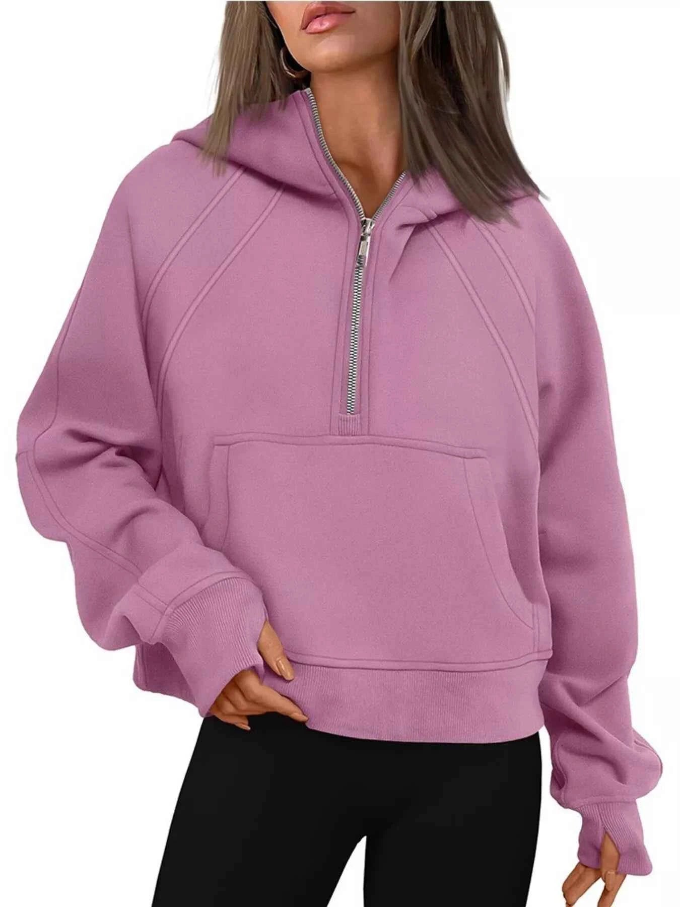 Half Zip Raglan Sleeve Hoodie Pink 131dd34405994d32b4b8260fd5f06661-Max-Origin