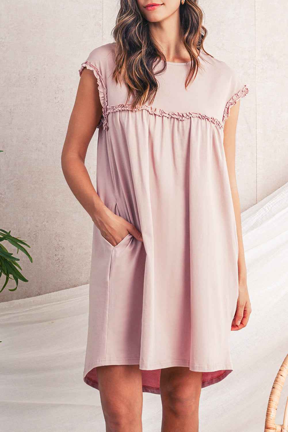 Mint Green Frilled Trim Crewneck Loose Fit Mini Dress Oatmeal 131f3e1ae0d01c68