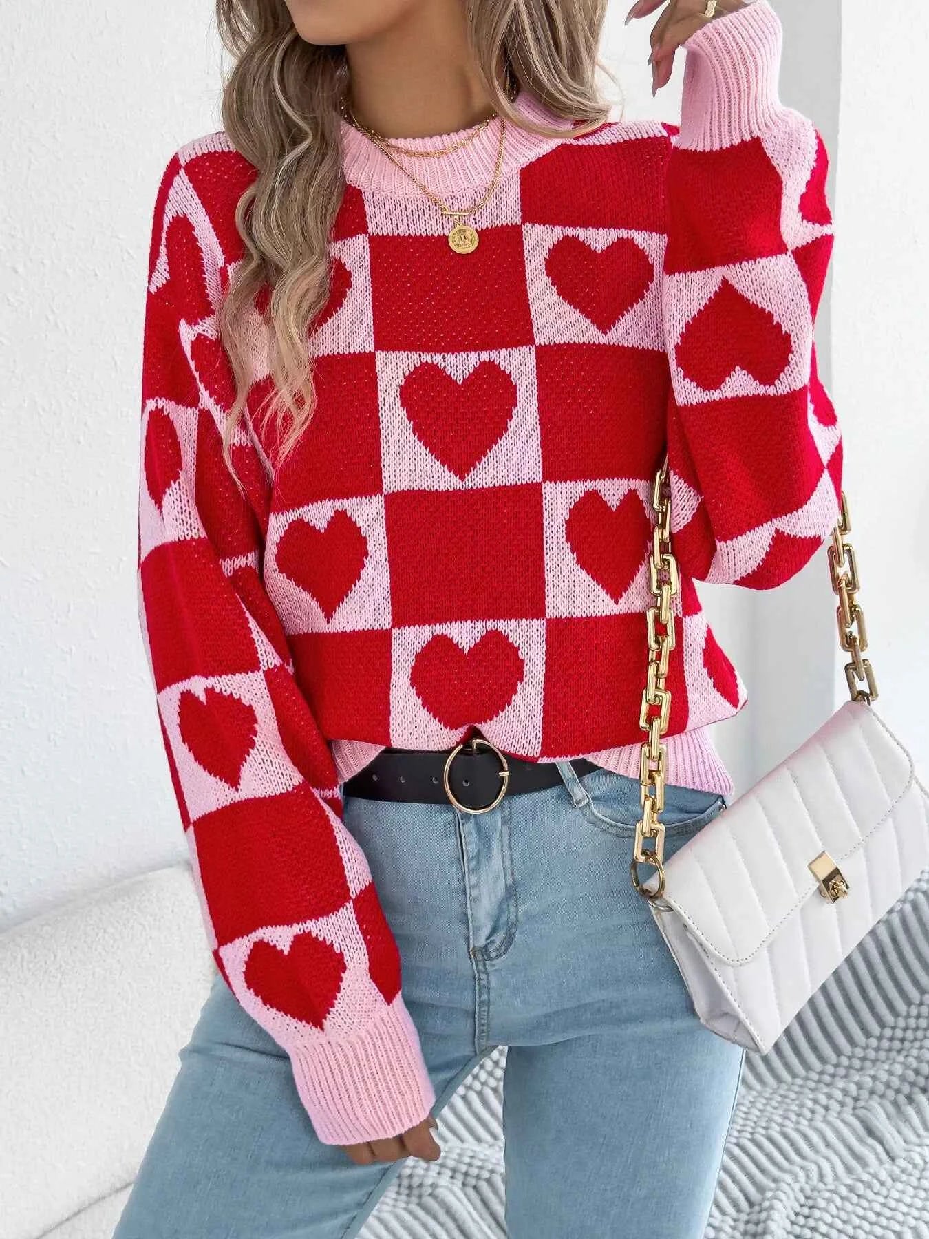 Heart Checkerboard Pattern Round Neck Sweater 132a2d7b3bde430886a521842148d7ed-Max-Origin