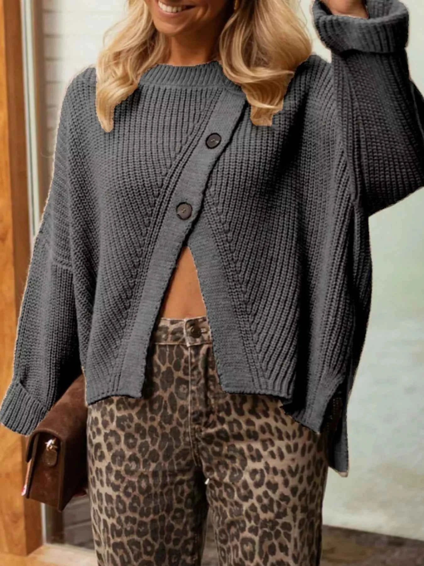 Asymmetrical Button Detail Sweater Gray One Size 133412c2-e386-4bd9-9090-e18ccbe0462e-Max-Origin