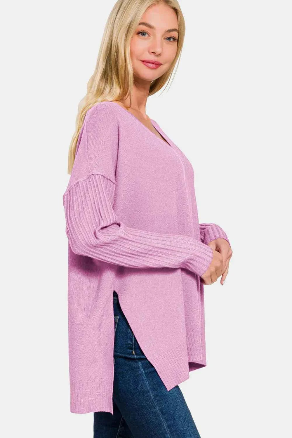 Zenana V-Neck Side Slit High-Low Sweater 133eb0bd-18a1-4fd9-be55-9b79eefd202f-Max