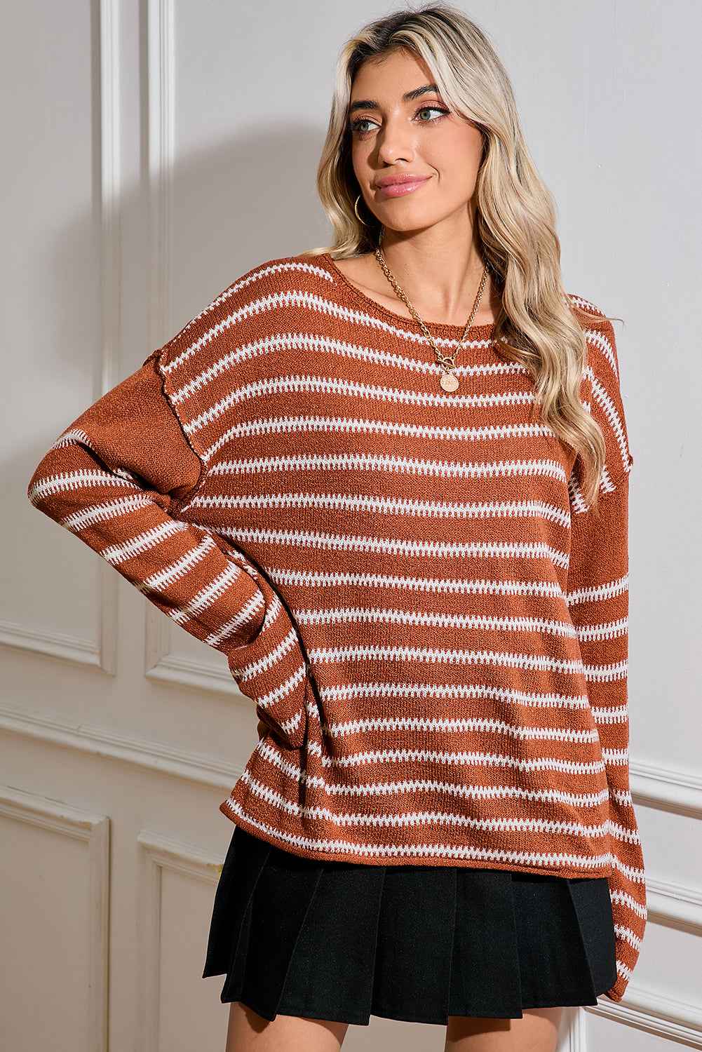 Green Stripe Casual Stripe Round Neck Drop Shoulder Sweater 133ef90c50408967