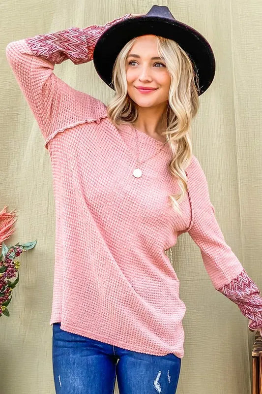 And The Why Button Detail Printed Sleeve Waffle Knit Top 1340e4f7ac7e48408db2283d4a9a86a4-Max-Origin