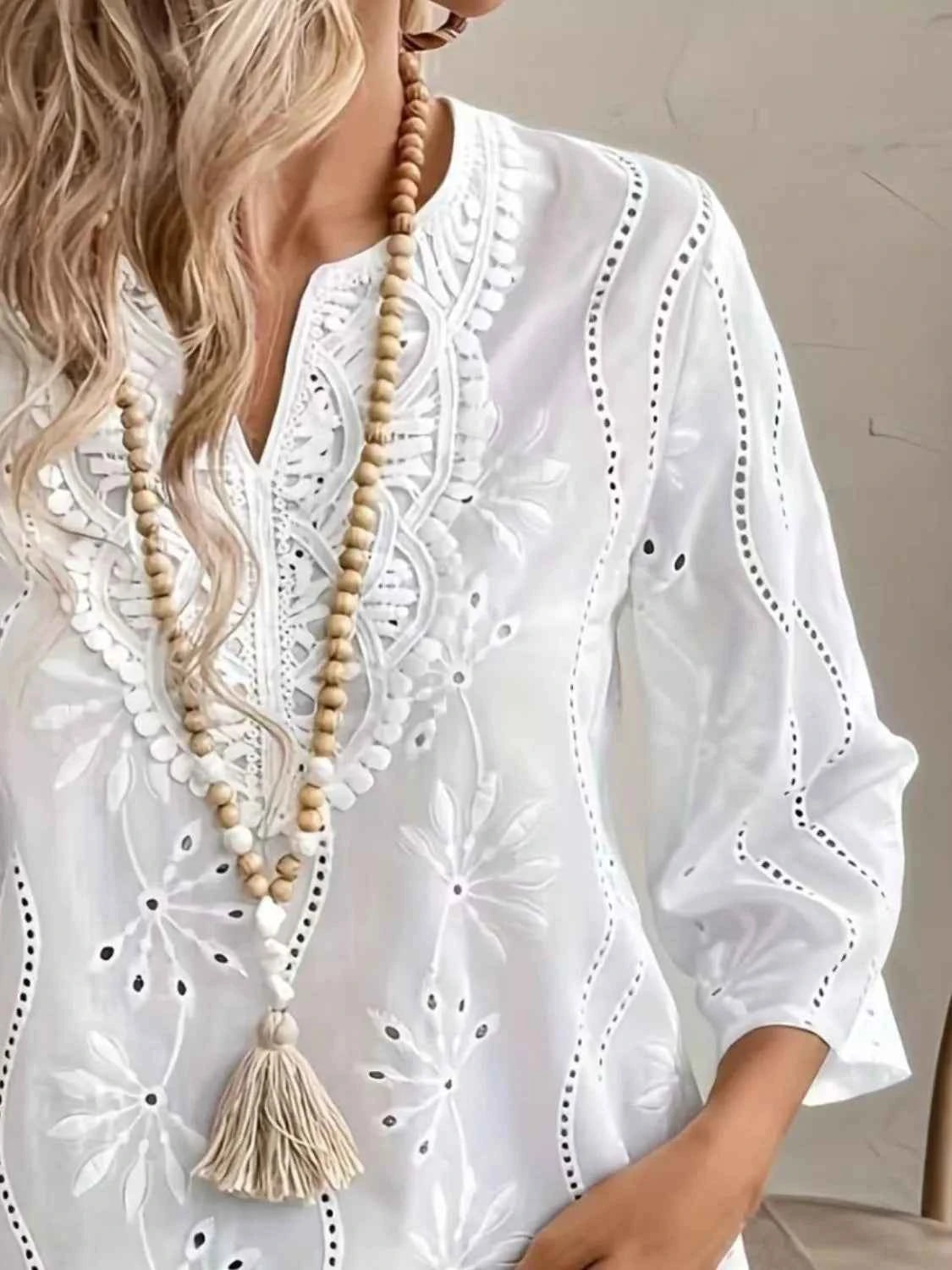 Eyelet Notched 3/4 Sleeve Blouse 1341c33e-3113-4f62-9076-f143463c14e8-Max-Origin
