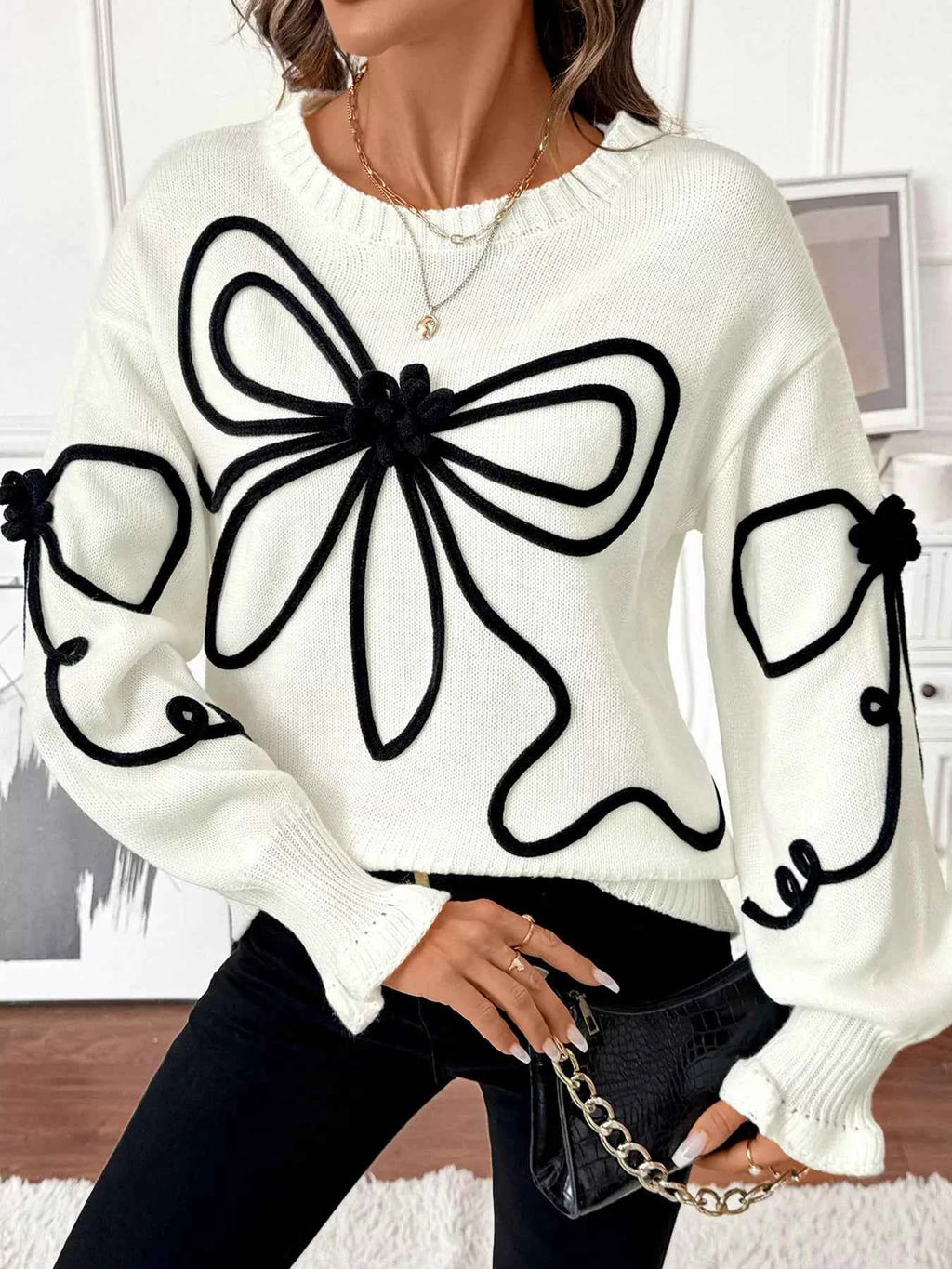 Bow Pattern Long Sleeve Sweater 134da5095eb2406c821ee4e8f865a460-Max-Origin