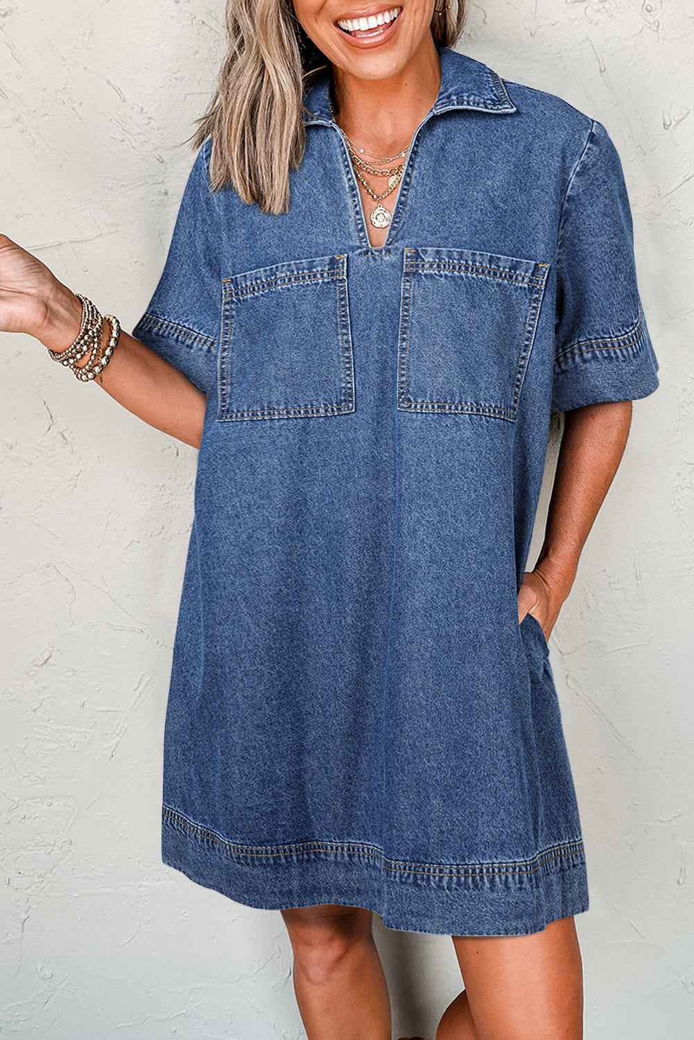 Blue Short Sleeve Collared Chest Pocket Denim Mini Dress Blue 135196b90223884f